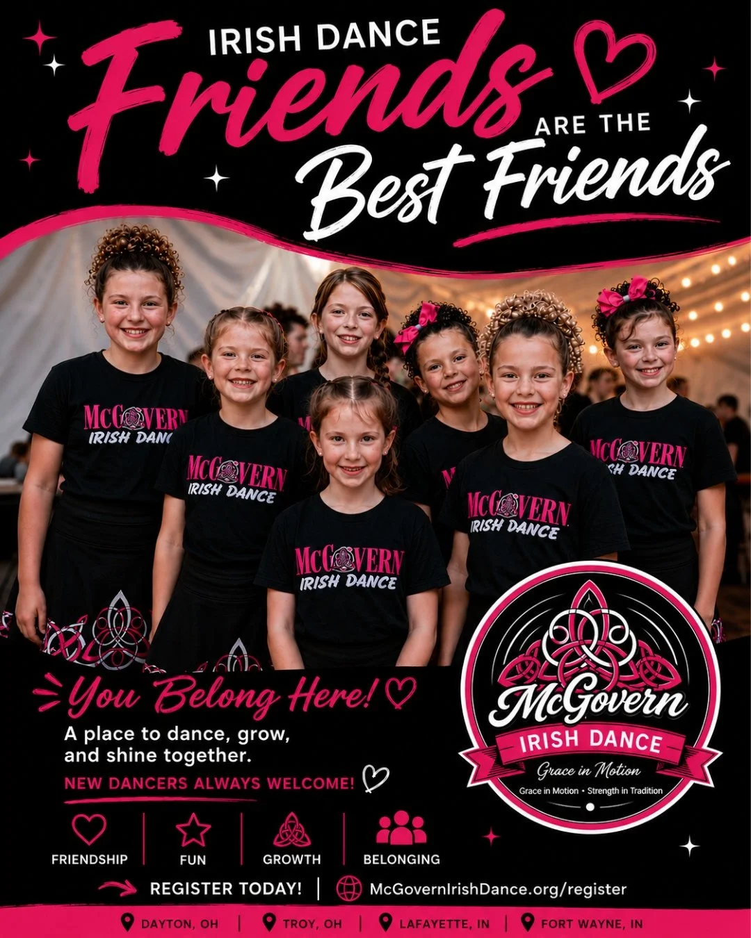 💗 IRISH DANCE FRIENDS ARE THE BEST FRIENDS! 💗

Irish dance is about so much more than learning steps. It&rsquo;s walking into class and finding friends who cheer you on, celebrate your accomplishments, make you laugh, and help you grow.

At McGover