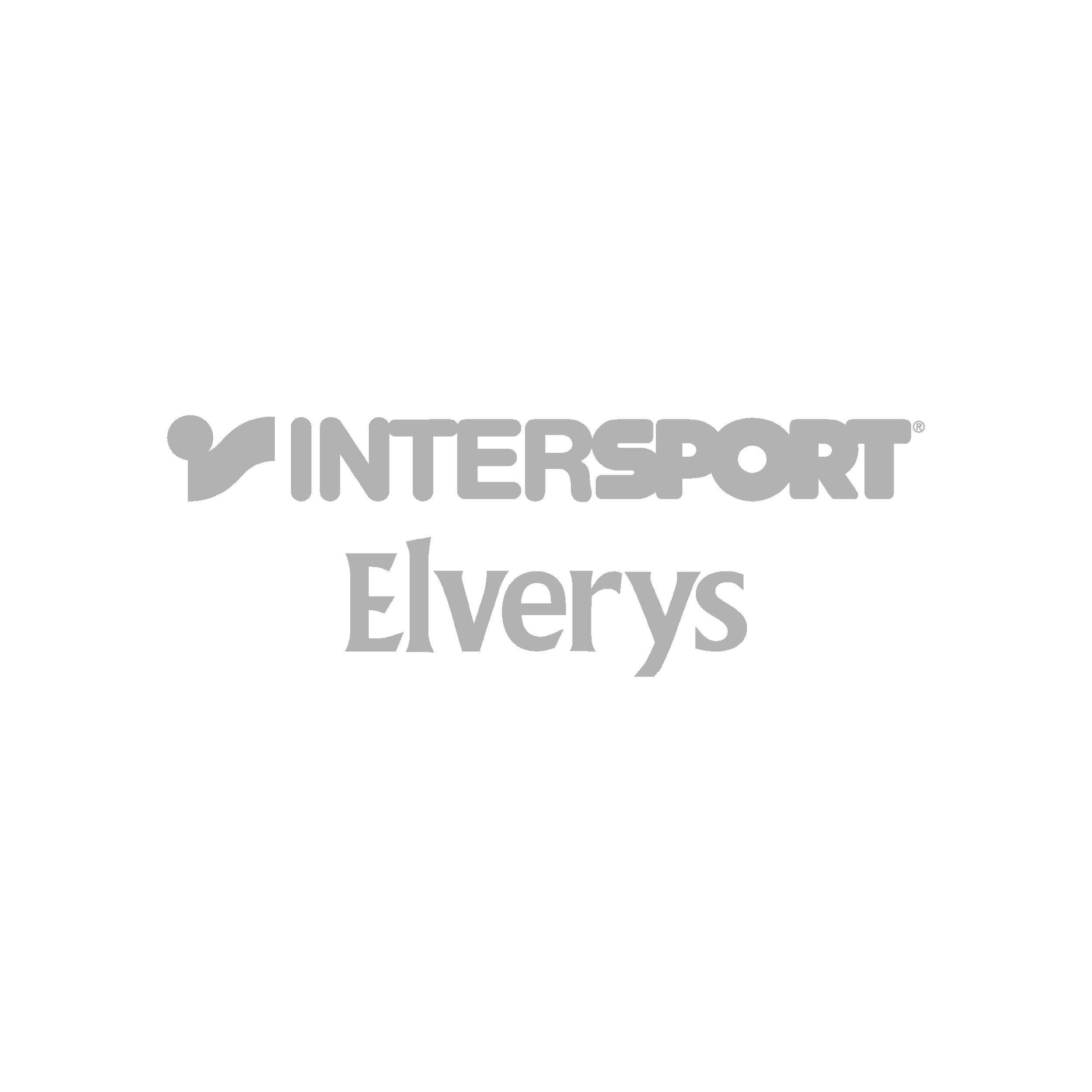 Black and white logo for InterSport Elverys, featuring a stylized athlete with a puck, with the brand name in bold and regular font.