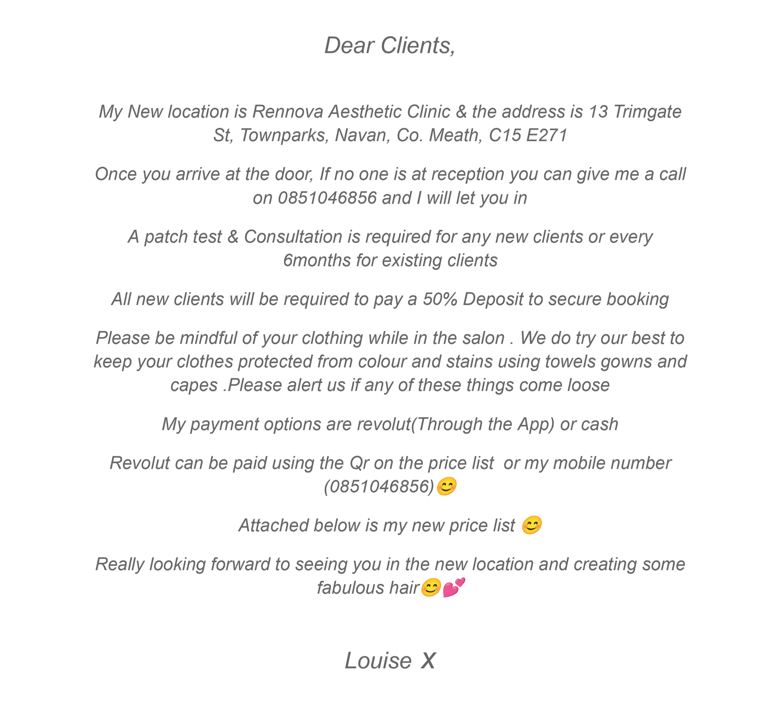 A letter announcing the new location of Rennova Aesthetic Clinic at 13 Trimgate St, Townparks, Navan, Meath, Ireland, including appointment information, payment options, and contact details.