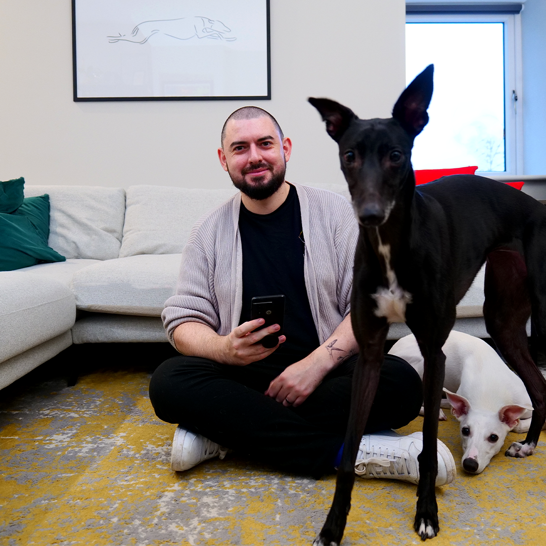 A man with a tattoo on his left arm sitting on a yellow and gray rug, holding a smartphone, with two dogs nearby in a living room. One dog is black with a white chest and large ears, standing in front of the man, and the other is white with light brown markings, lying on the rug with its head resting on the floor.