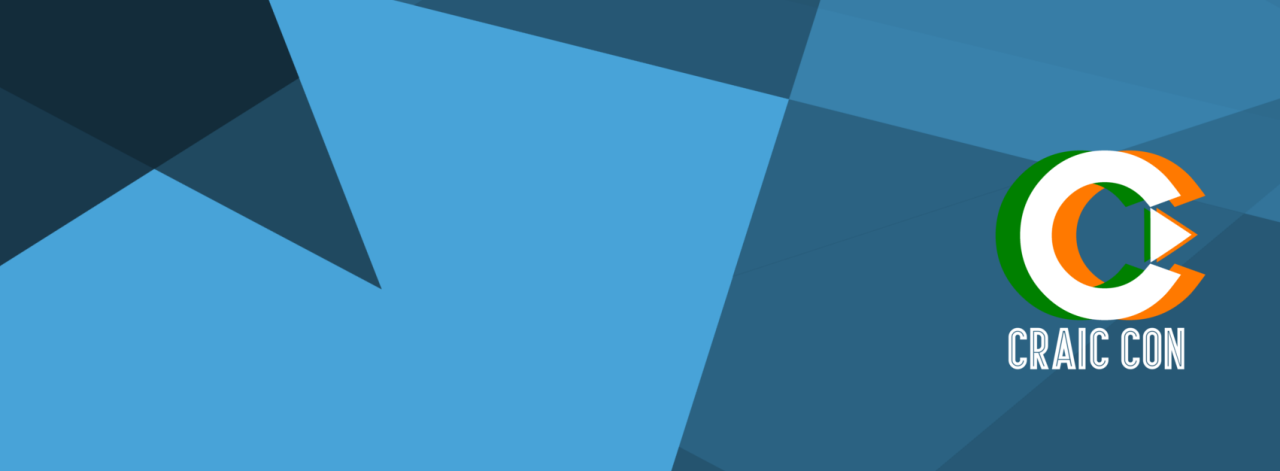 Digital graphic design featuring blue and dark blue geometric shapes with the CRAIC CON logo, which includes a stylized letter 'C' with green, orange, and white colors.
