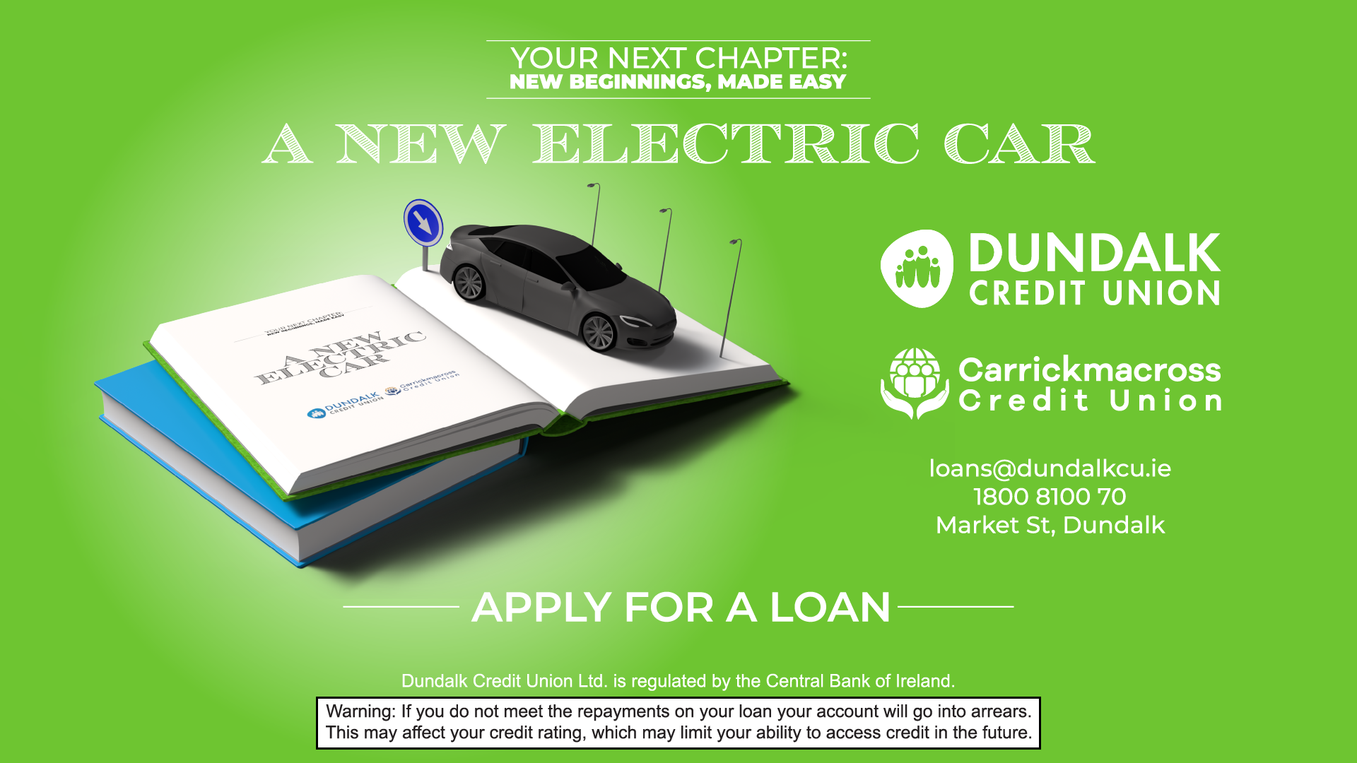 An advertisement for Dundalk Credit Union featuring a 3D illustration of a car and an open book. The background is green, and text promotes applying for a loan, highlighting contact information and associated credit unions.