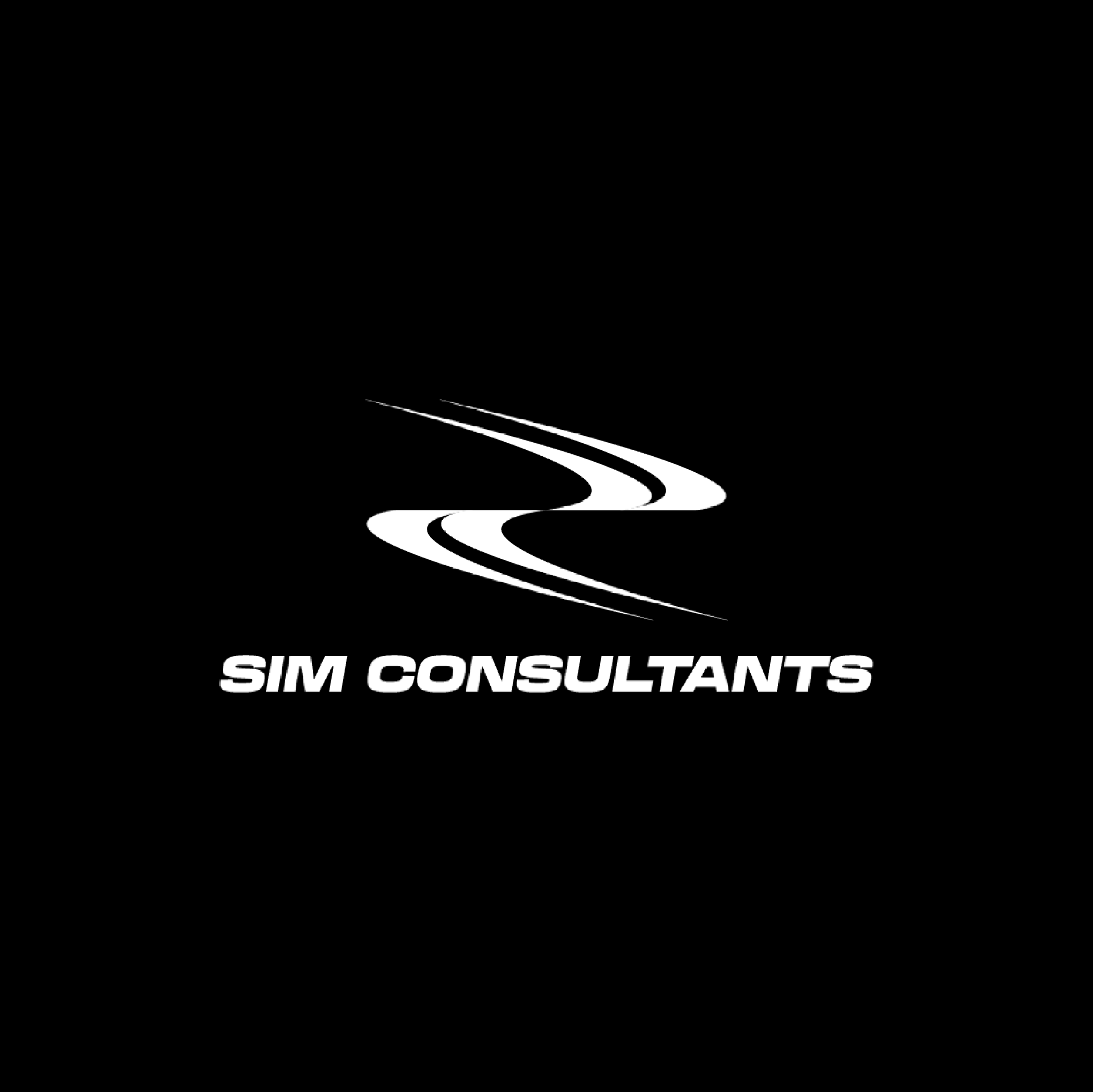 Black background with white stylized road graphic and the text 'SIM CONSULTANTS' in bold white letters.