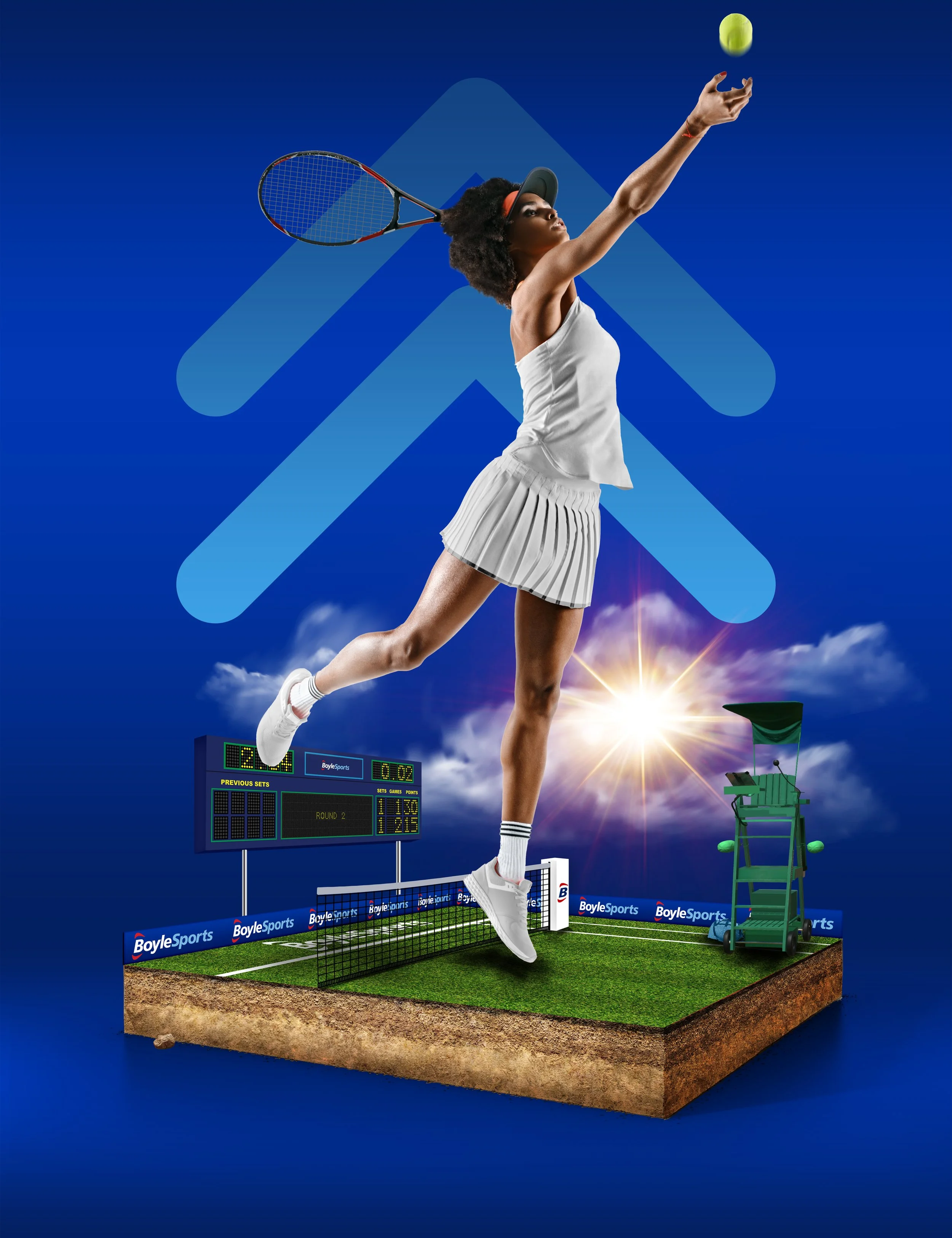 A female tennis player leaping to hit a tennis ball on a mini grass court with a scoreboard and bright sky in the background.