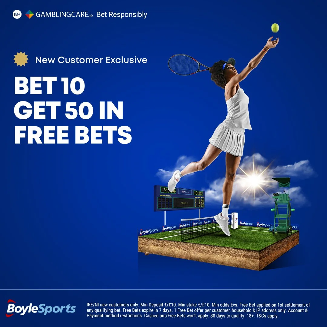 Advertisement for BoyleSports betting promotion featuring a female tennis player in a white outfit leaping to hit a tennis ball, with betting odds and terms displayed on a mini tennis court.