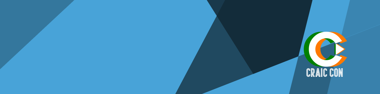 Graphic with geometric shapes in shades of blue, featuring a logo of a stylized C with green, orange, and white colors and the text "CRAIC CON" beside it.