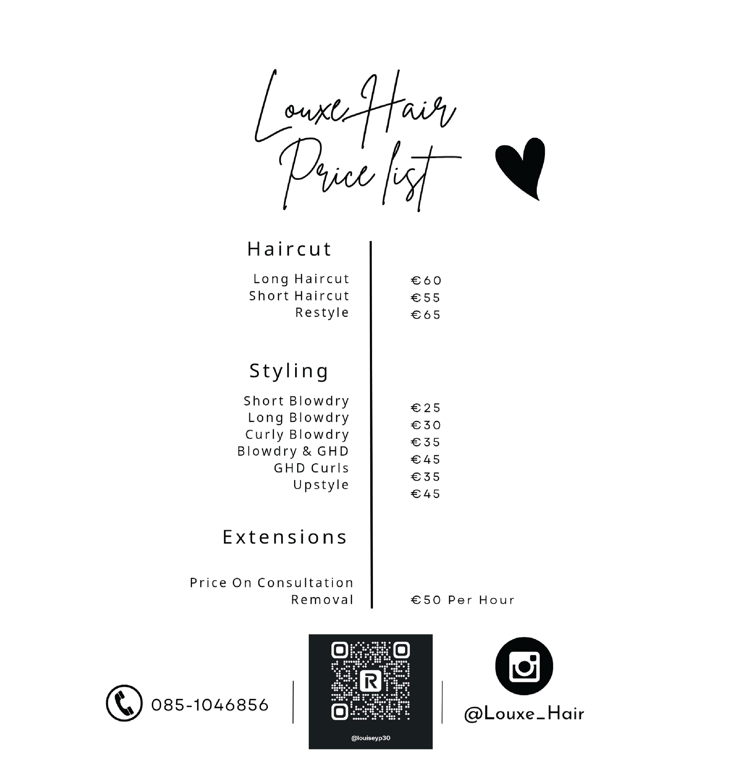 Price list for Louxe Hair salon with categories for haircut, styling, and extensions; includes prices in euros and contact info with phone number, QR code, and Instagram handle.