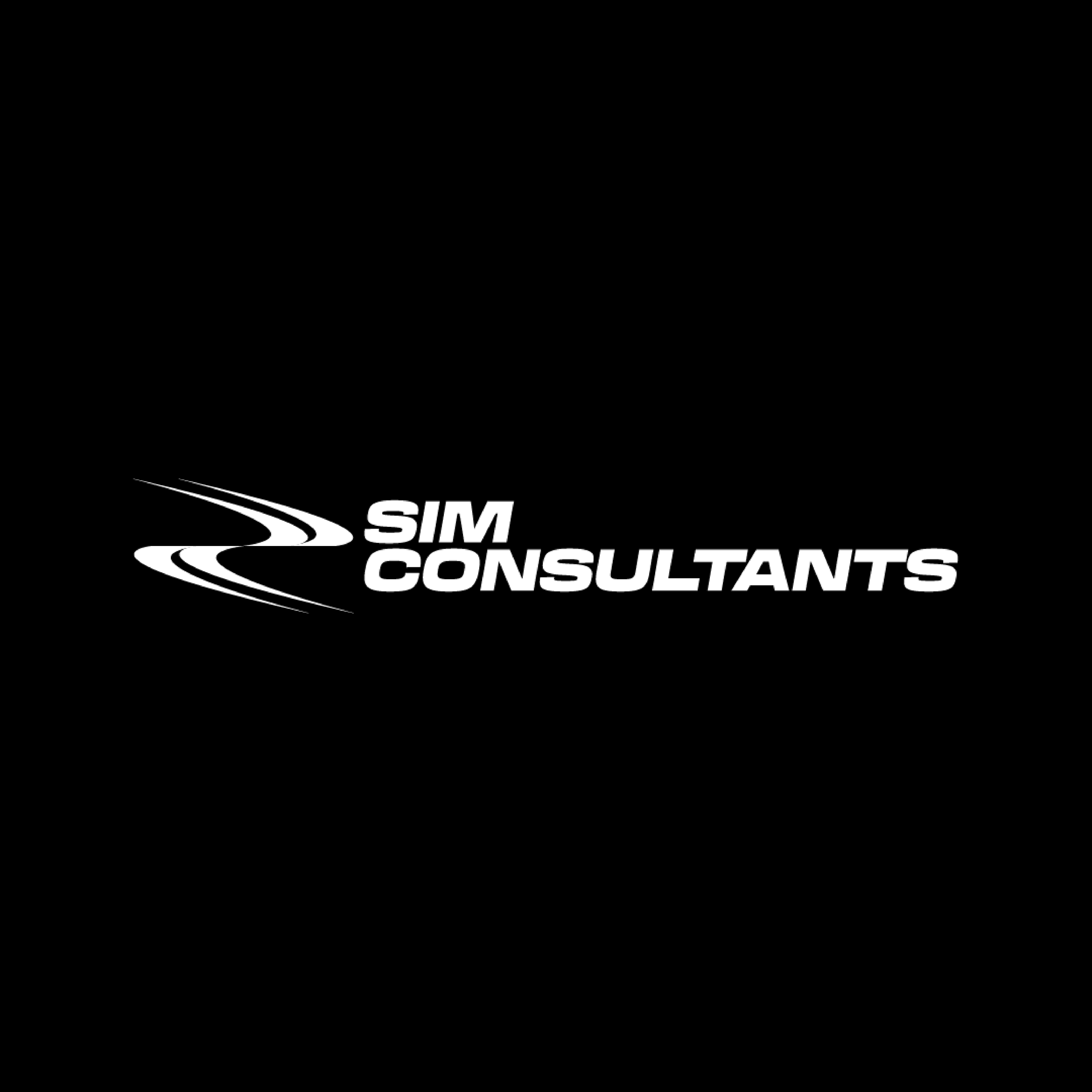 Black background with a white swoosh logo and the text 'SIM CONSULTANTS' in bold white letters.