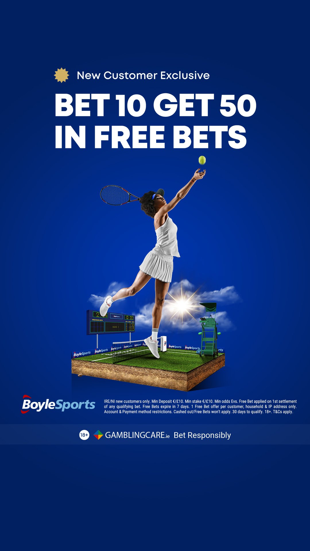 An advertisement for BoyleSports, offering new customers a promotion: Bet €10 and get €50 in free bets, featuring a female tennis player in action hitting a tennis ball on a digital tennis court against a blue background.