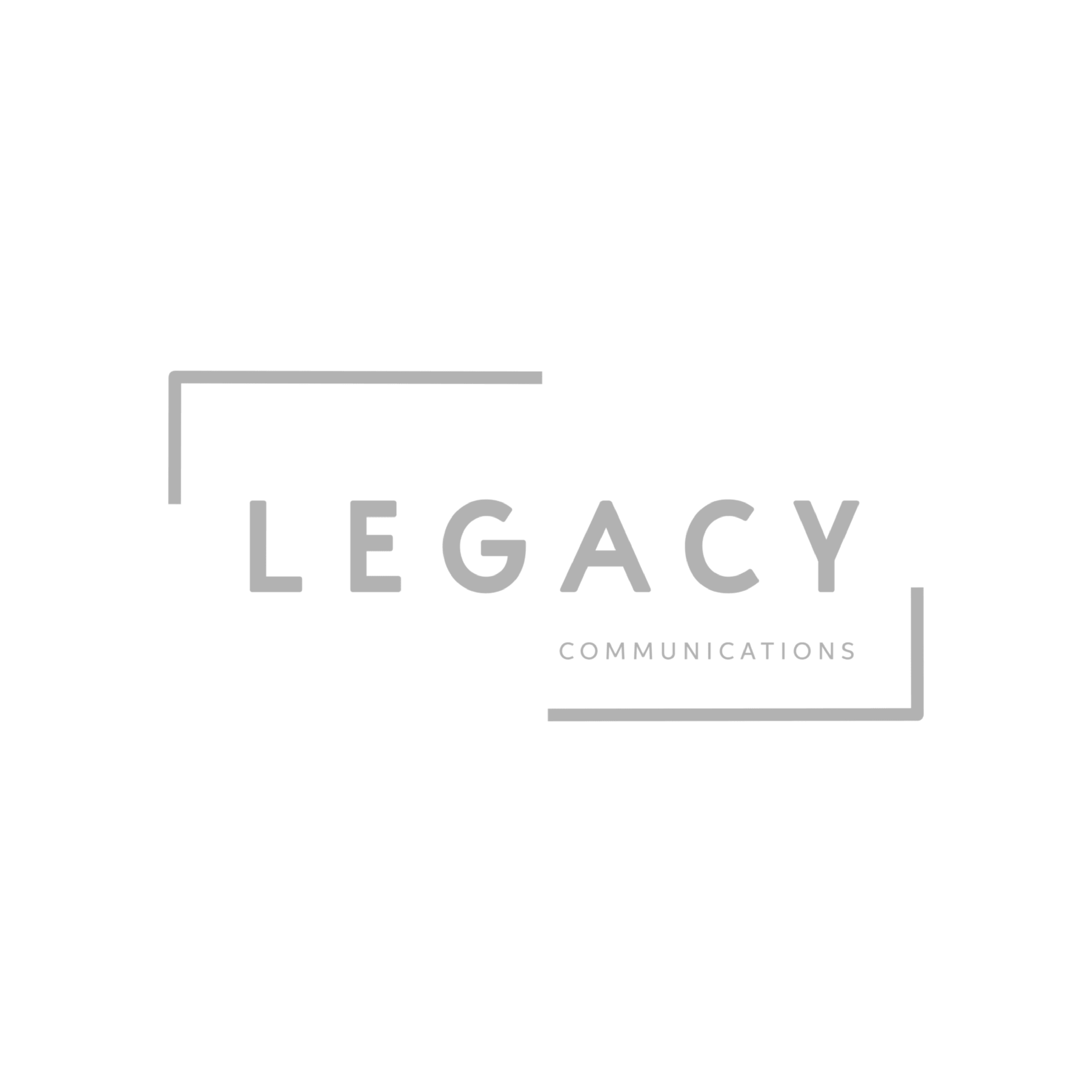 Logo of Legacy Communications with black background, gray text, and gray geometric lines framing the word 'LEGACY' and 'Communications'.