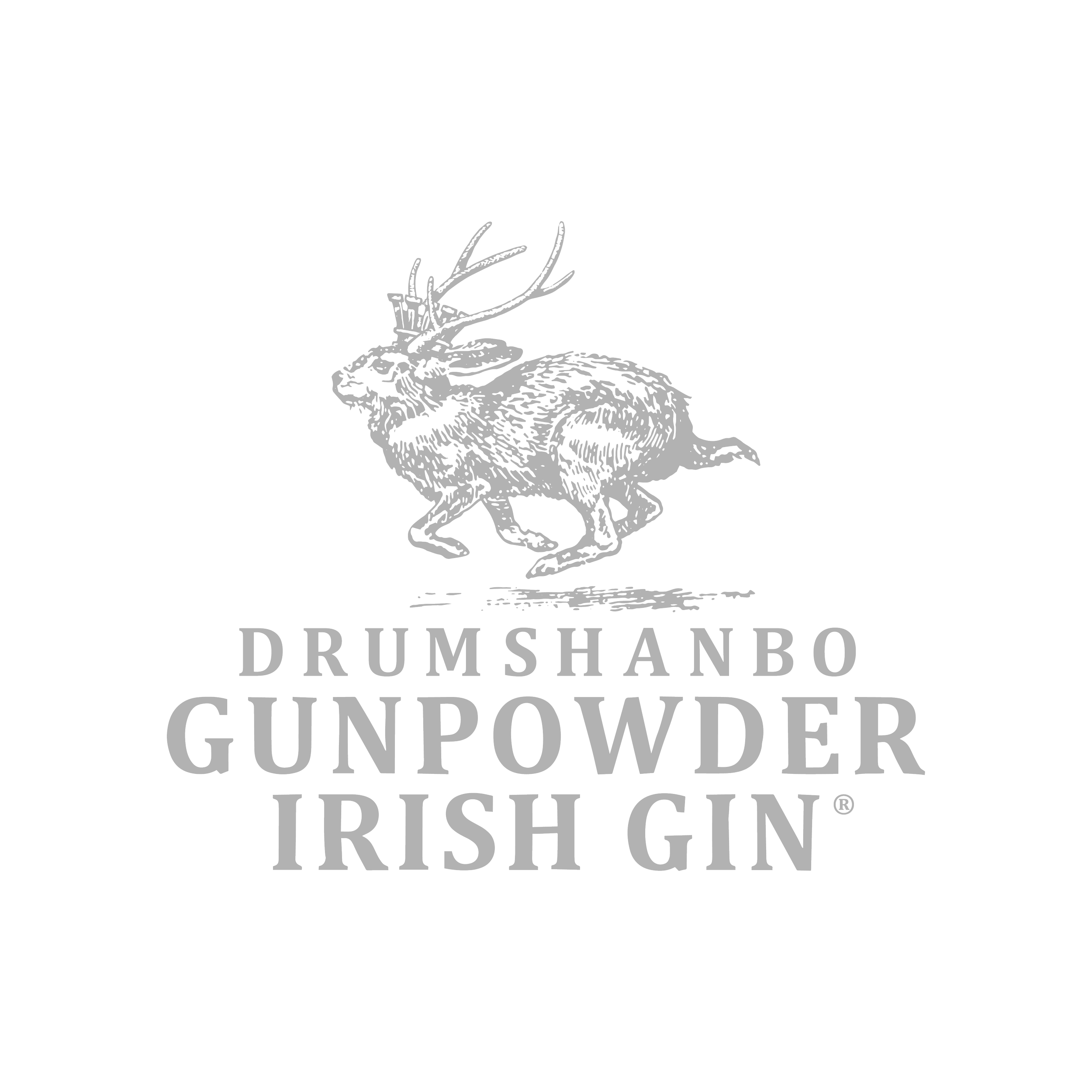 Logo of Drums na Bó Irish Gin featuring a detailed illustration of a rabbit with antlers, with the brand name and product description in bold gray text on a black background.