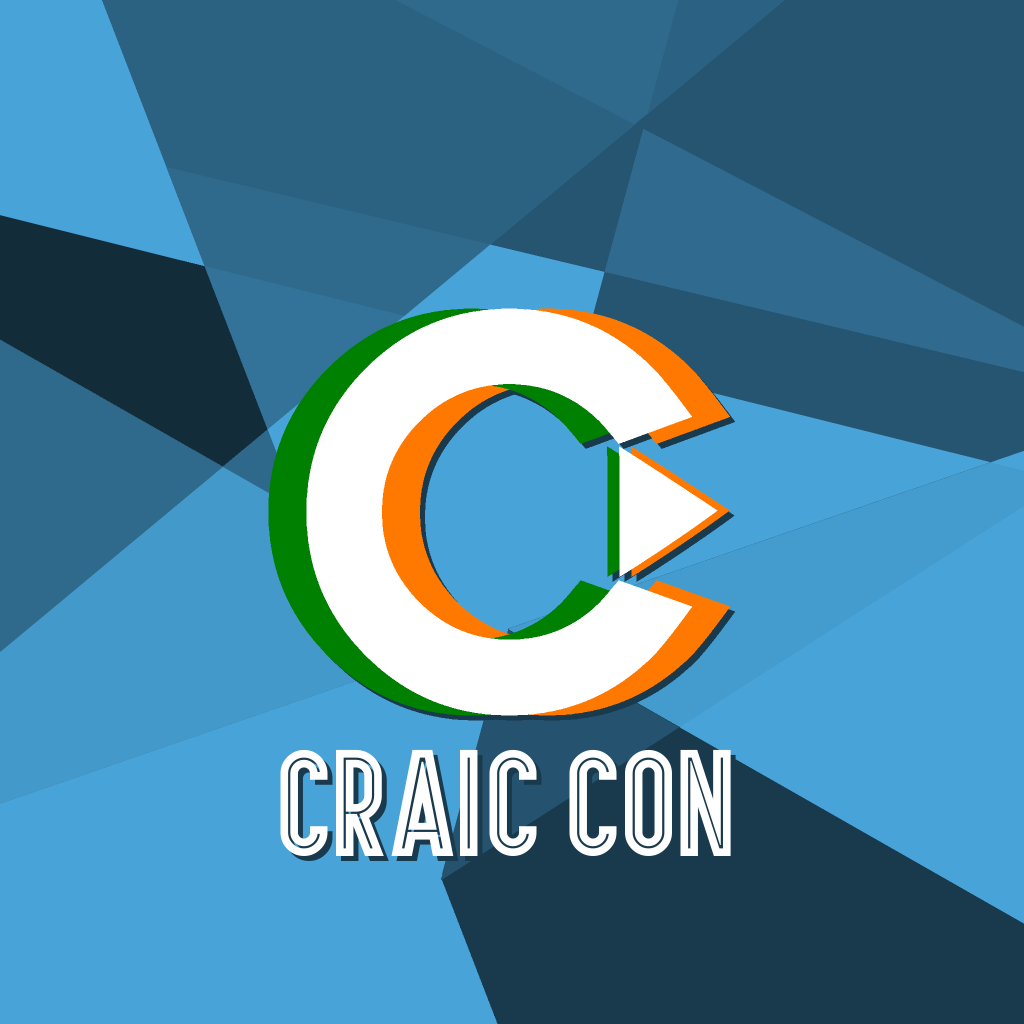 An abstract graphic with a large stylized 'C' in white with green and orange accents, set against a background of blue geometric shapes. The text 'CRAIC CON' is written below in white uppercase letters.
