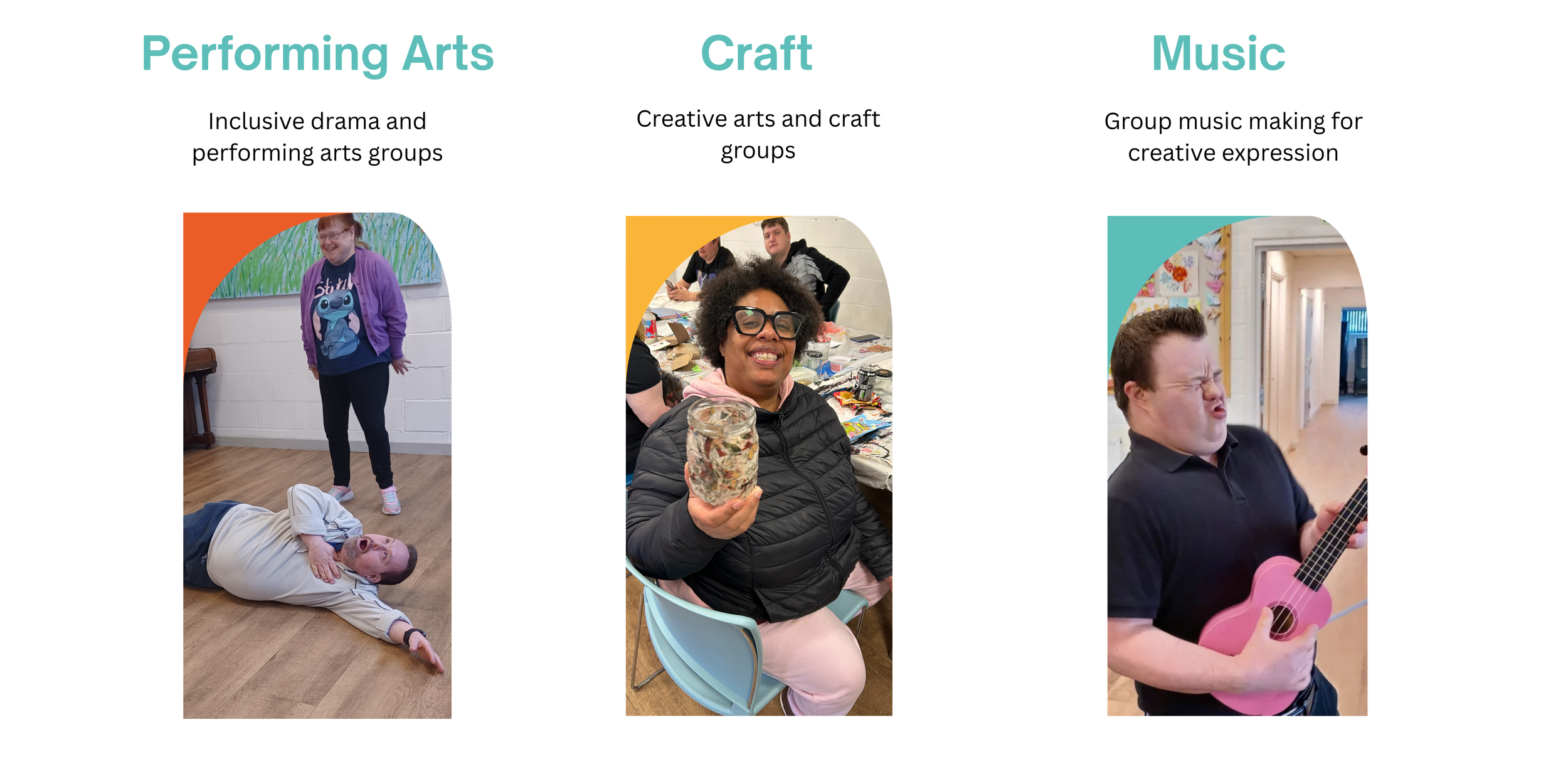 Three photos showing some of the activities offered by Access Dorset which include drama groups, craft groups, music groups