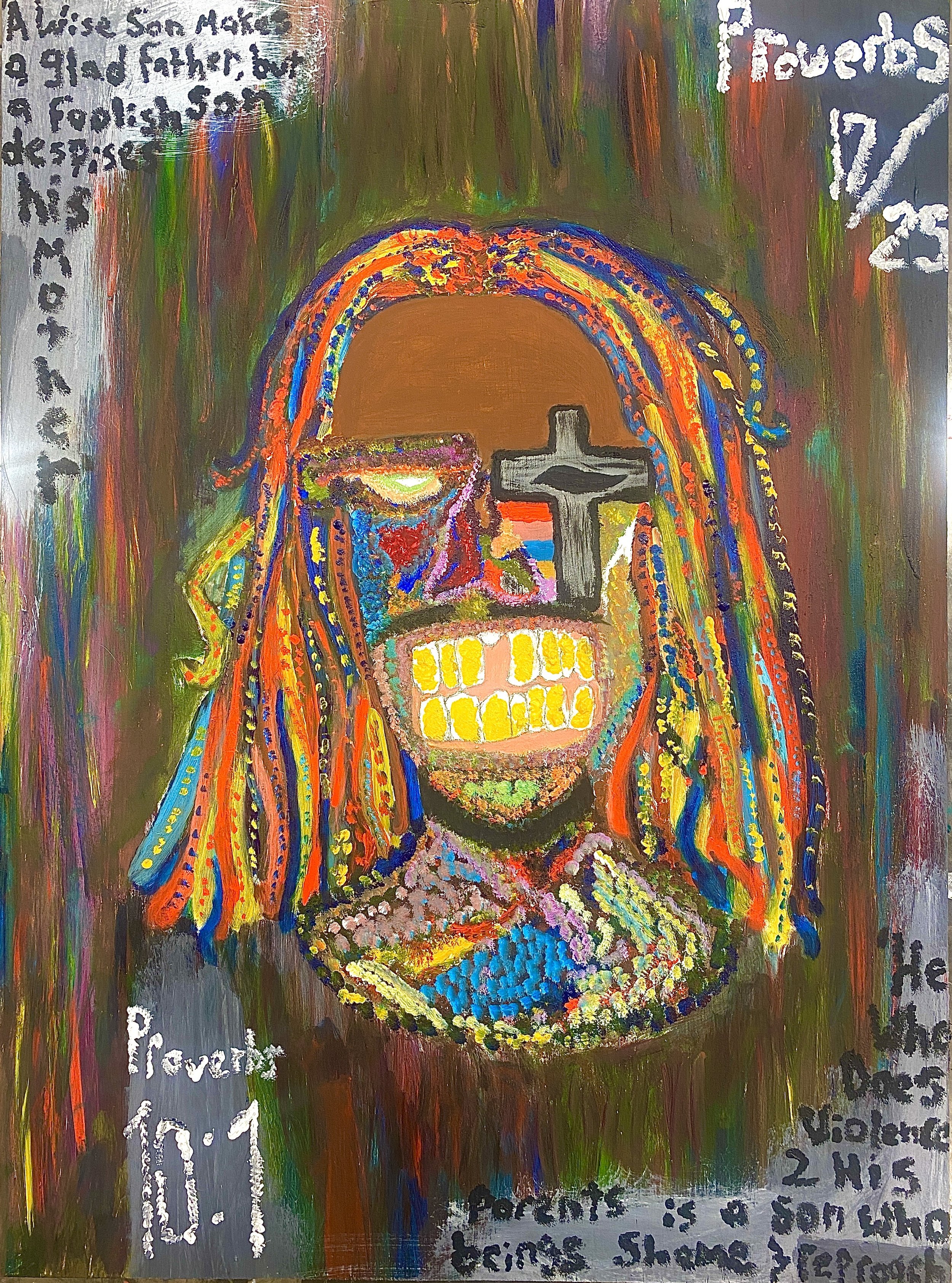 "Self Portrait Of A Bad Son", Oil and Acrylic on wooden panel, 2024,
A testimony to how I feel about my religion and how I think my parents view me as a bad son because of it.