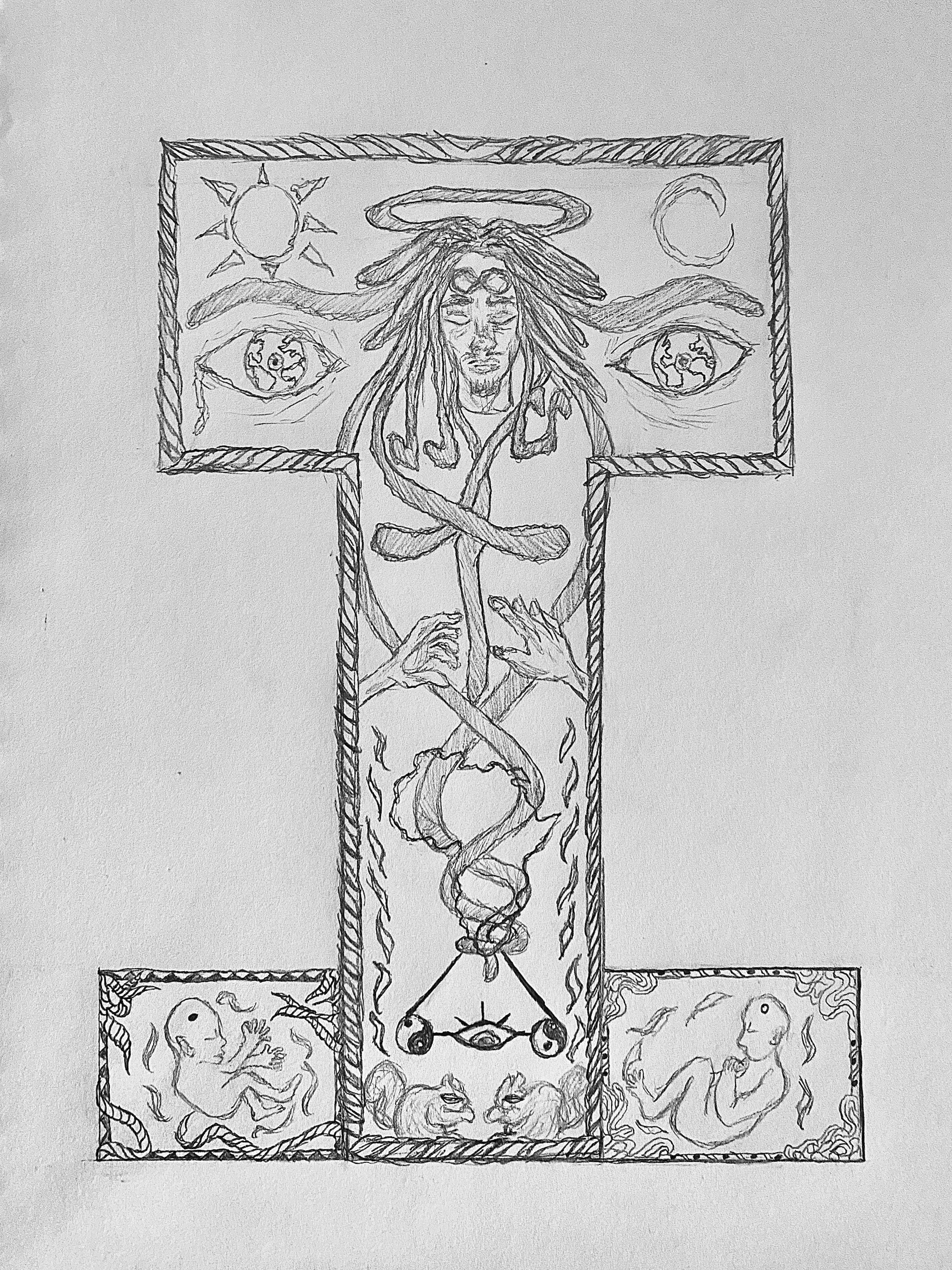 "Funeral Banner", 2025, Sketch paper,
Made for a school assignment. Inspired by Lady Dai who would have a funeral banner made in her honor filled with references to their life, history, personal beliefs and accomplishments.