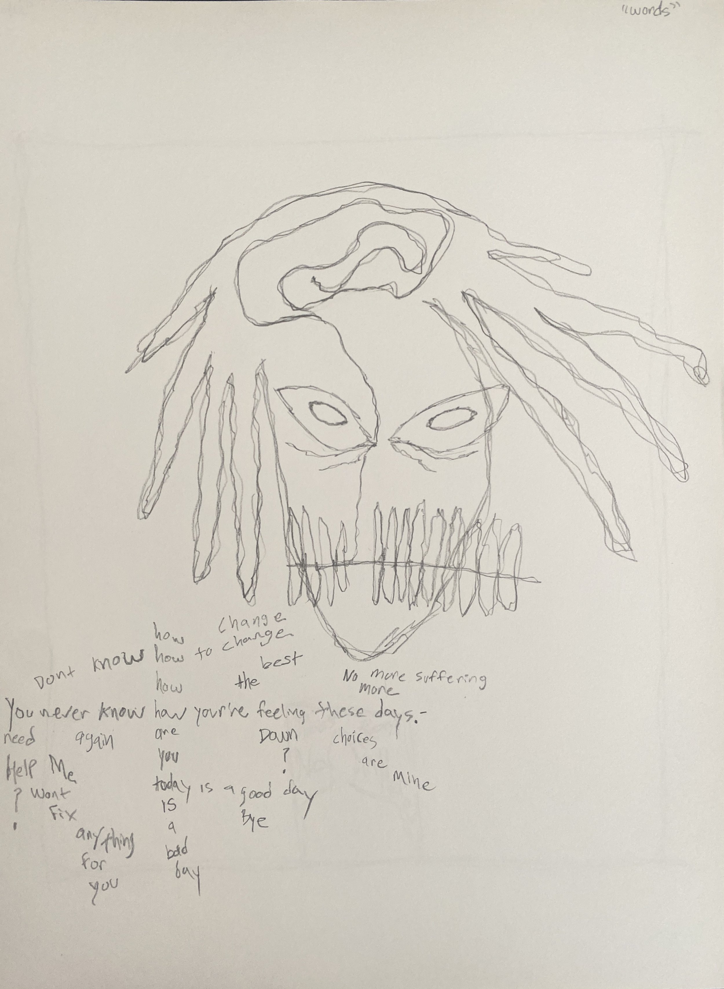 "words", sketch pencil on sketch paper, 2023
- A collection of thoughts racing through my mind.