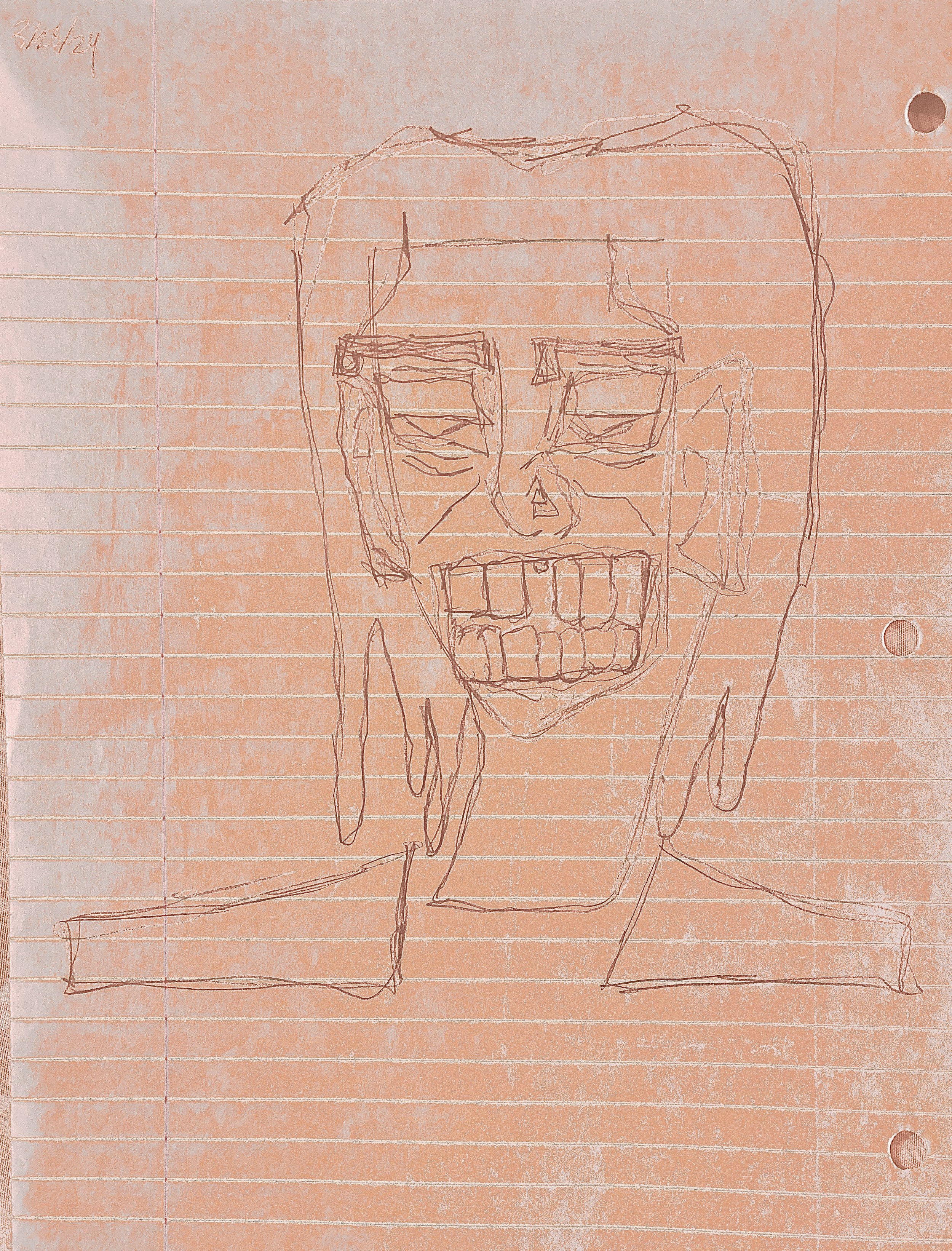 "smile", sketch pencil on lined paper, 2024
- The uncertainty of not knowing when you should or should not smile.