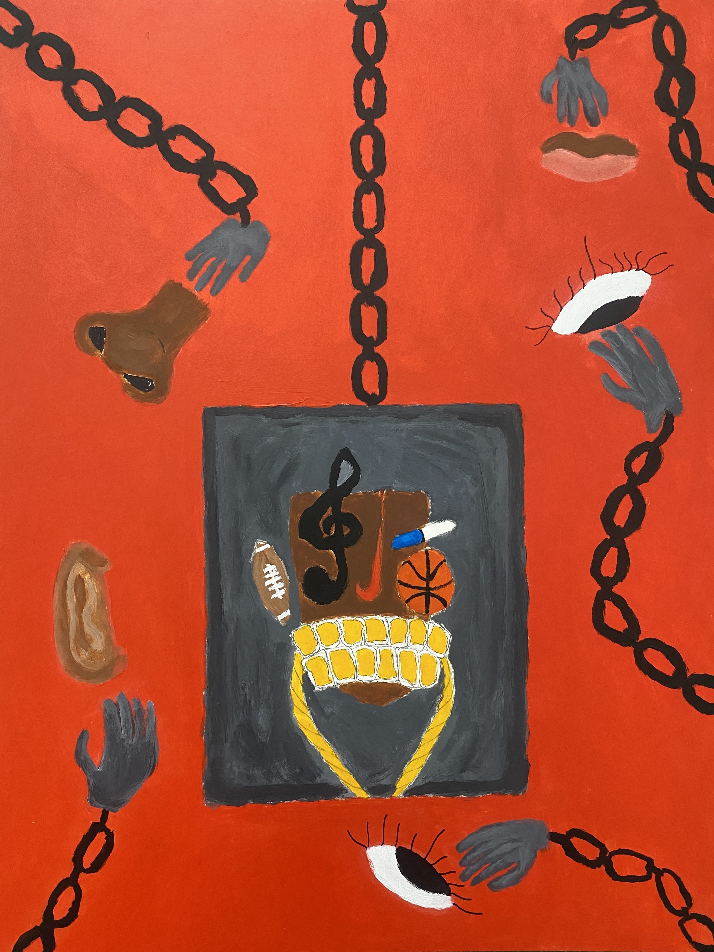 "B" Sketch pencil and Acrylic On white canvas, 2024, As black people, we are put into this box of what we can and cannot do and how these things are what some people believe to define us. It is to the point that we are no longer, and that we have no