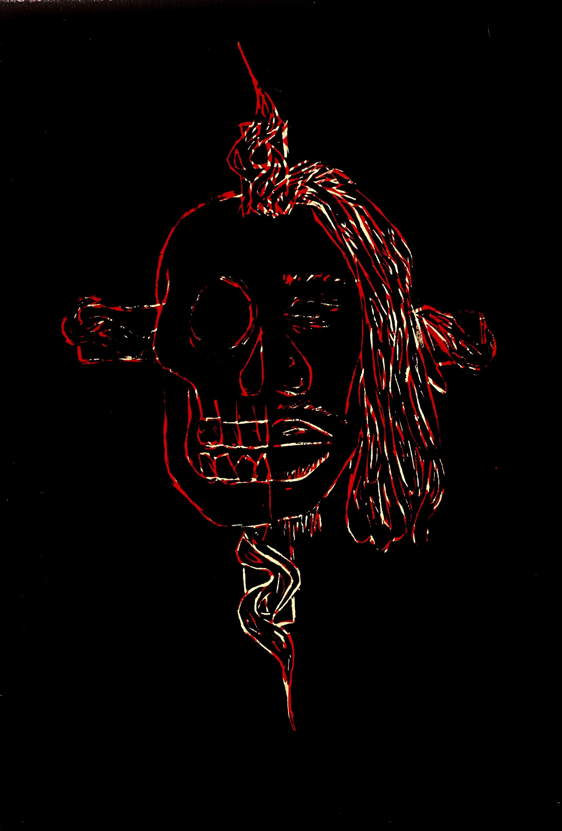 "Infinity" 2025, Red and Black ink on Linoleum Print