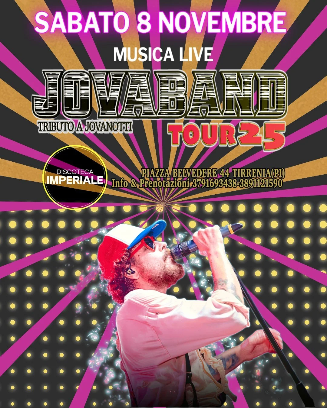 🔥 Sabato 8 Novembre &ndash; Discoteca Imperiale, Tirrenia 🔥
Una notte tutta da ballare con la Jovaband, il tributo alle hit di Jovanotti 🎤
E dopo il live, DJ Fedi far&agrave; esplodere la pista con i successi anni &rsquo;70, &rsquo;80, &rsquo;90 e
