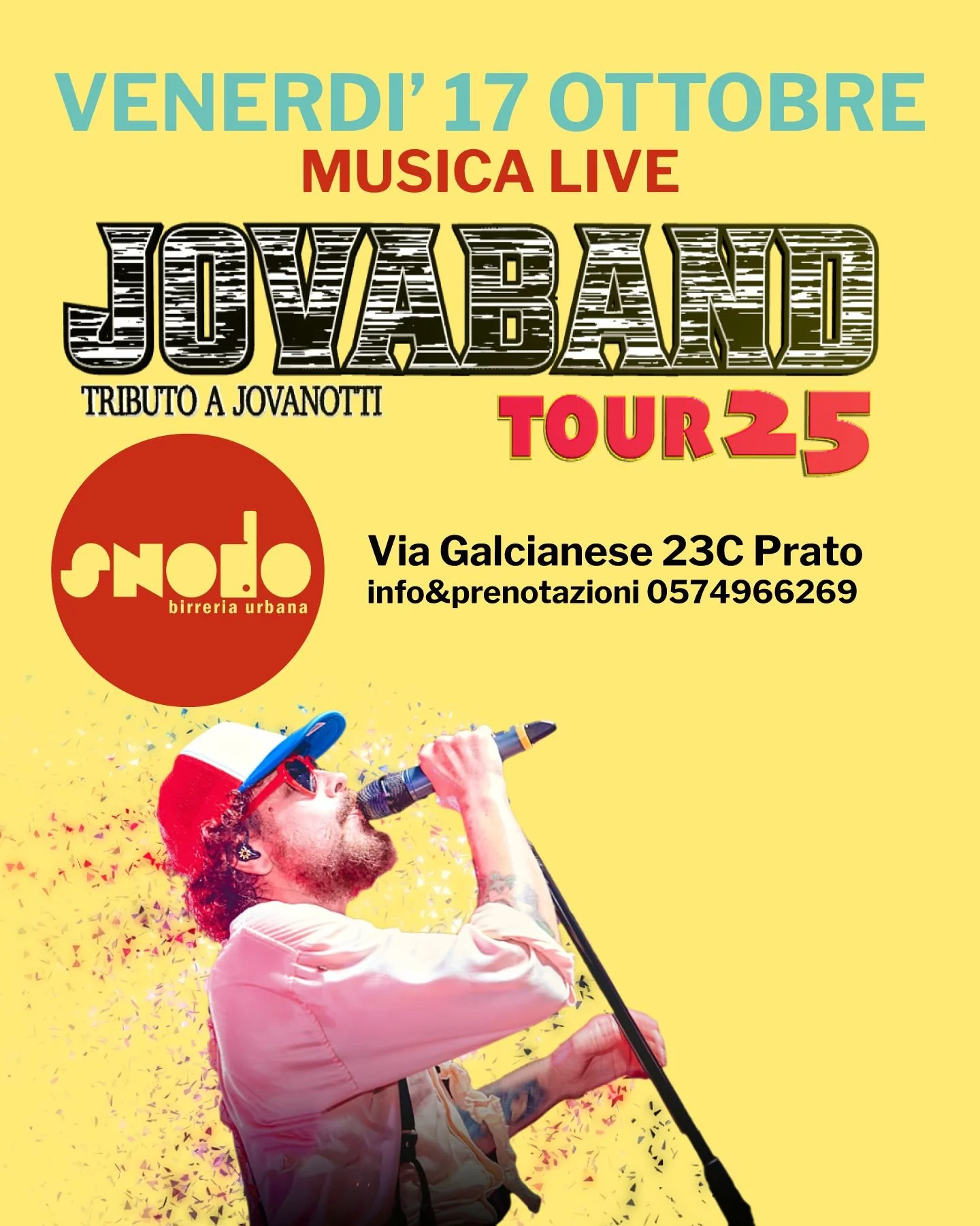 🍺✨ Venerd&igrave; 17 ottobre &ndash; Snodo Birreria Urbana (Prato)
Nuovo format da bere a Prato!
La Jovaband torna live dopo un&rsquo;estate trionfale con oltre 70 date in tutta Italia 🚀

🎶 Musica, birra e tanta energia per una serata che finir&ag