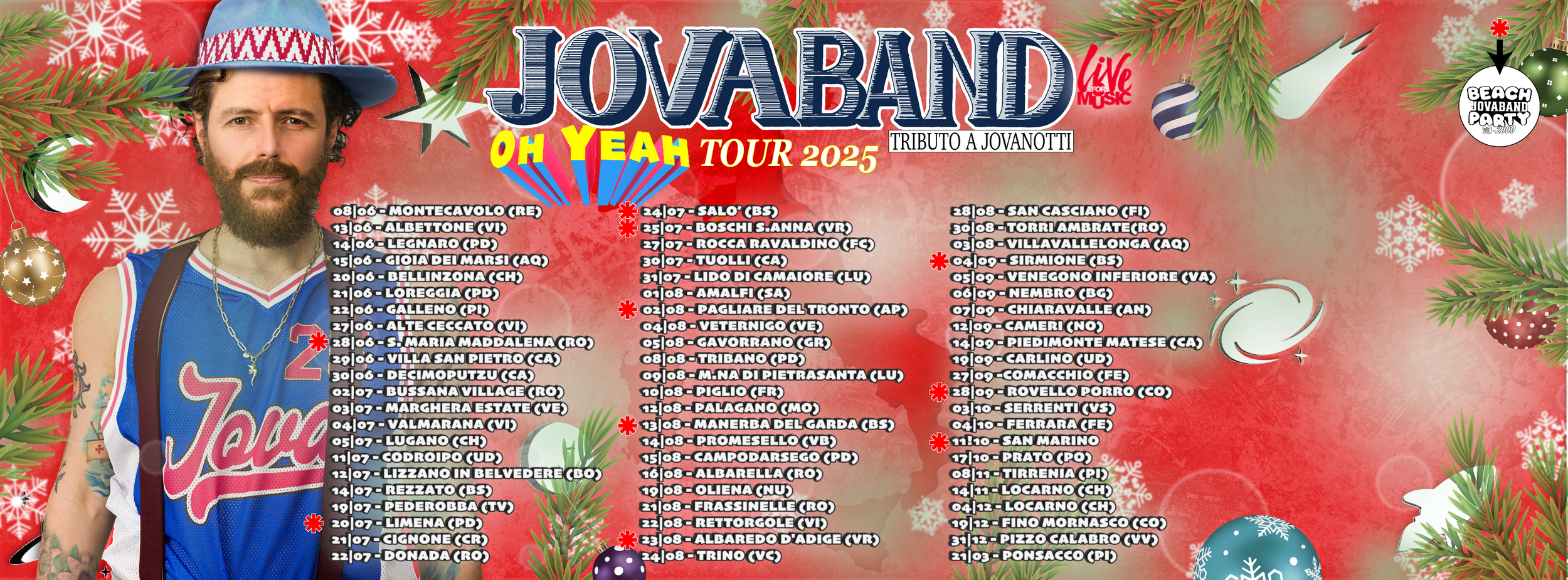 Locandina con tutte le date recenti dei concerti della Jovaband, tribute band di Jovanotti, con calendario tour e tappe in tutta Italia.