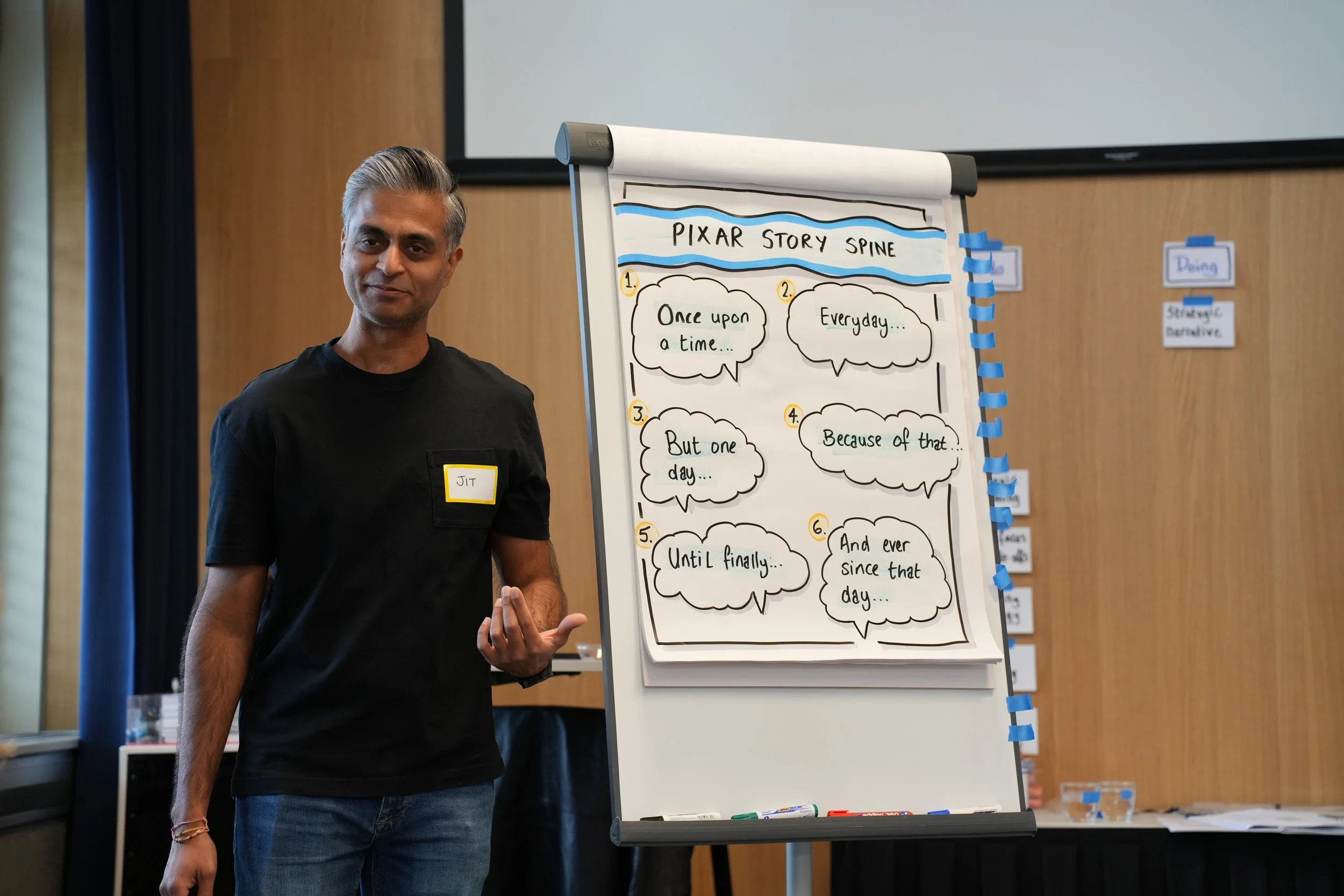 Kursholder Jiten Vara står ved en flipchart med overskriften "Pixar Story Spine" og forklarer. Foto