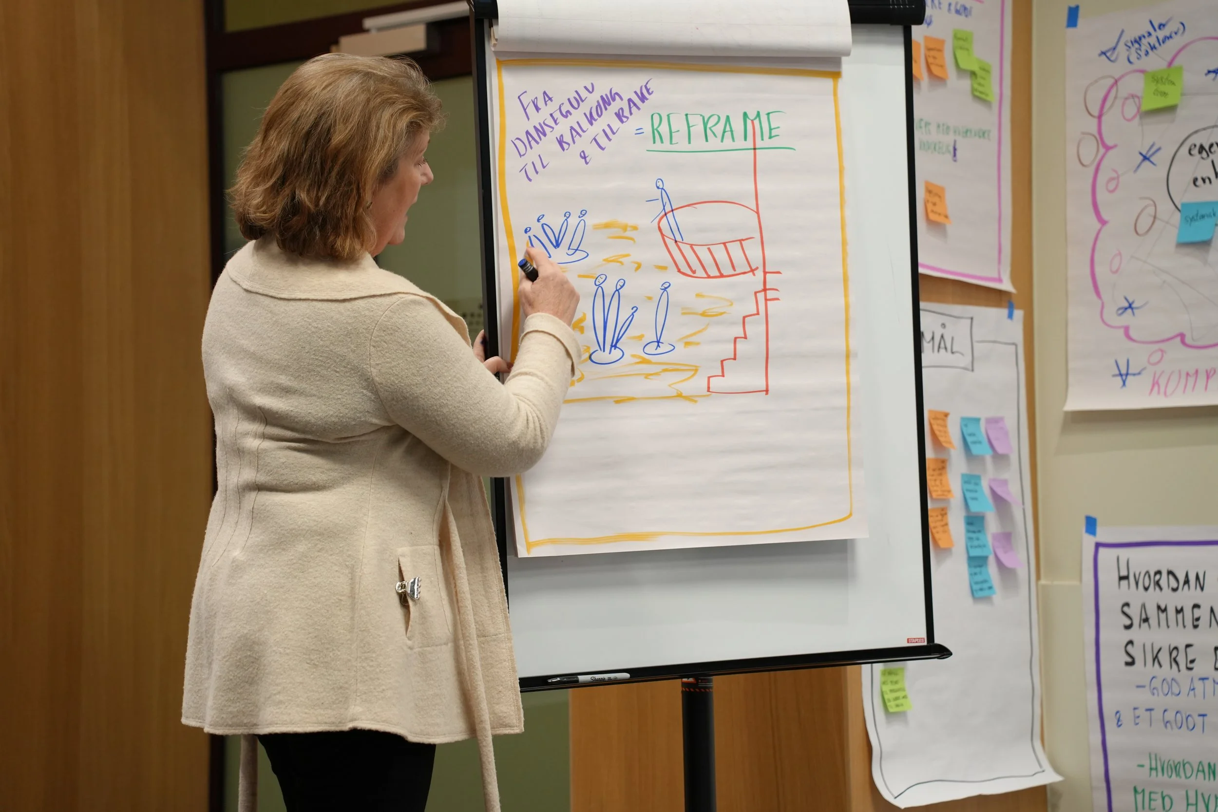 Kursholder Anne tegner og forklarer på en flipchart. Foto