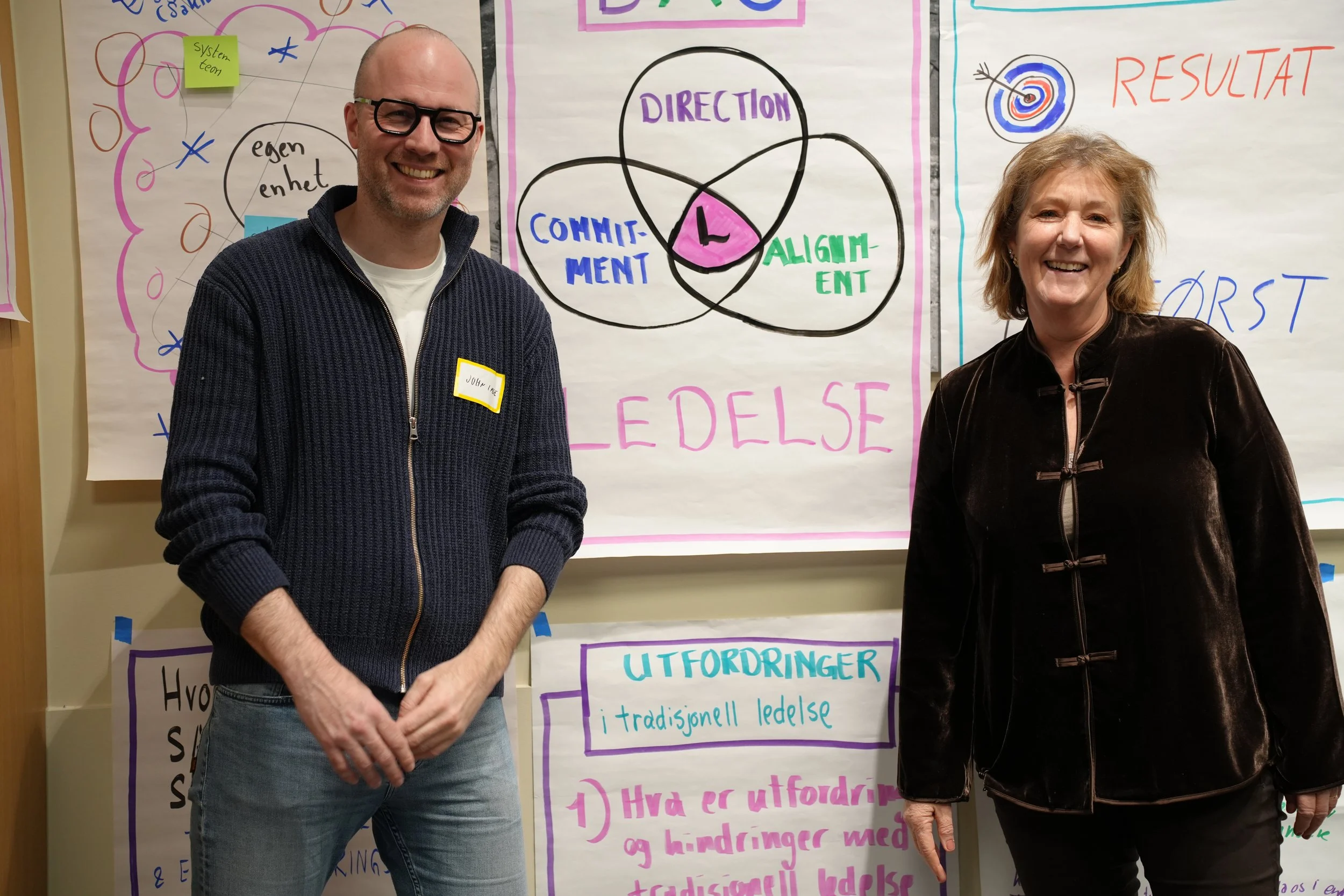 Kursholderne John Inge og Anne står foran en vegg som er dekket av flipcharts med tekst på. Foto
