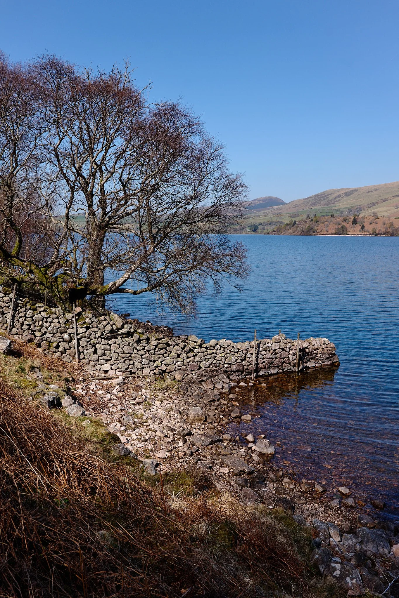 Snapshot of Ennerdale Water from the south western end. A drystone wall leads down into the lake itself by the shoreline.