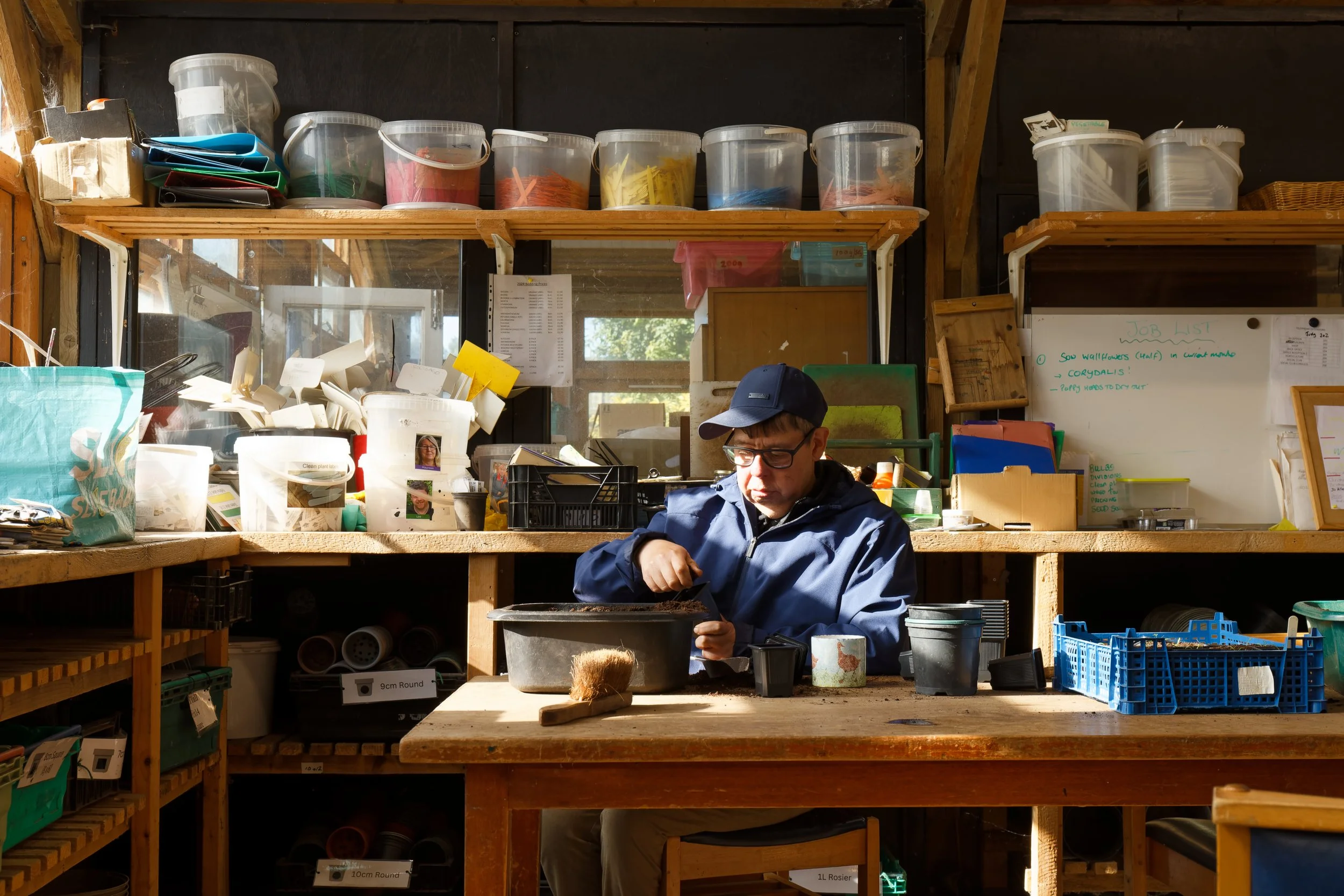 Environmental portrait of a man in blue cap and jacket gently potting plants in a potting shed.