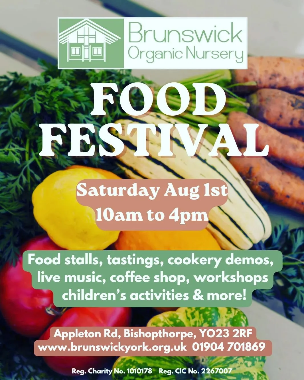 Poster for Brunswick Organic Nursery food festival on the 1st August from 10am to 4pm.