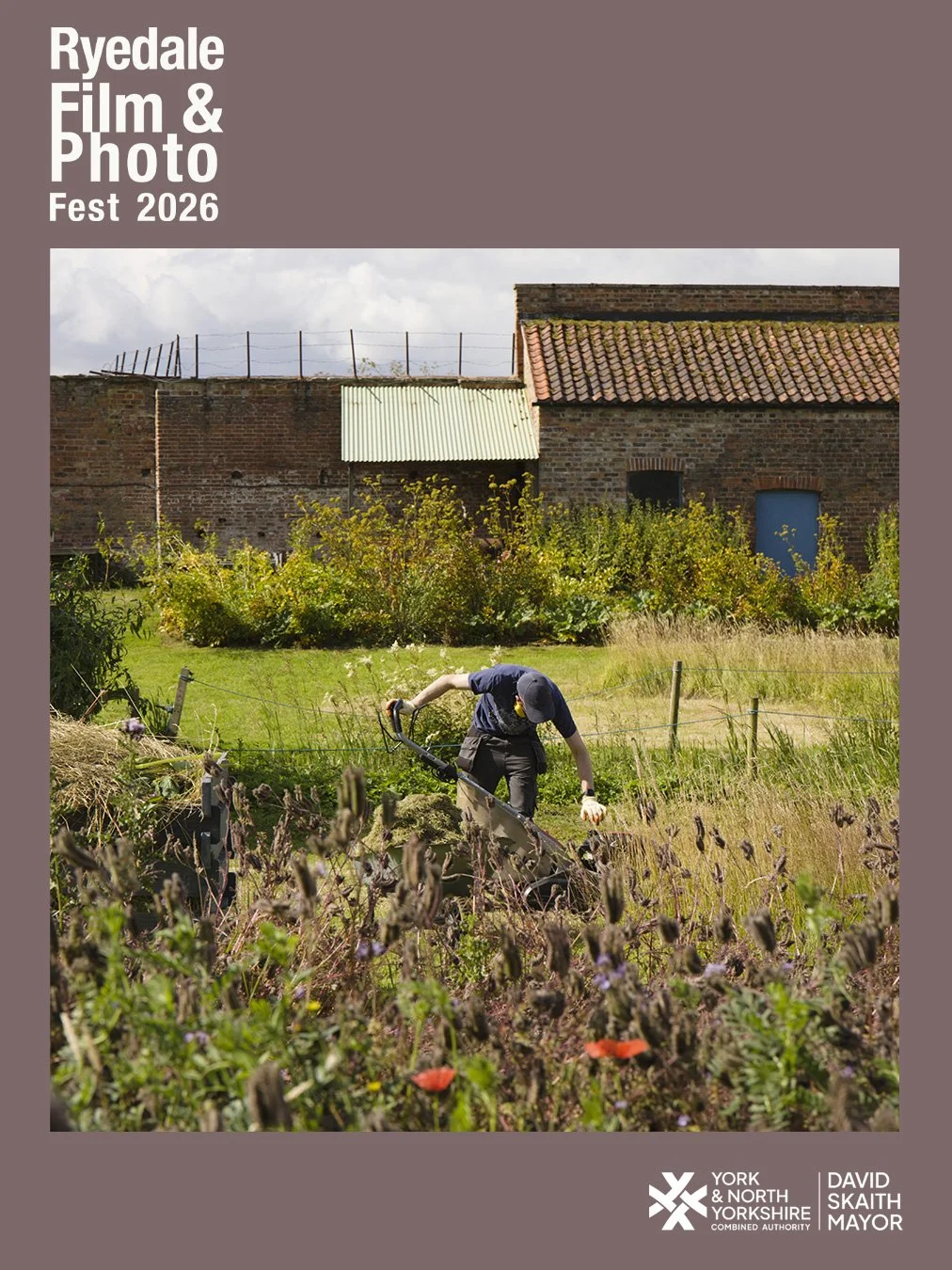 A poster for the Ryedale Film and Photo Fest 2026 featuring a photo of mine showing someone working in the walled garden in Bishopthorpe.