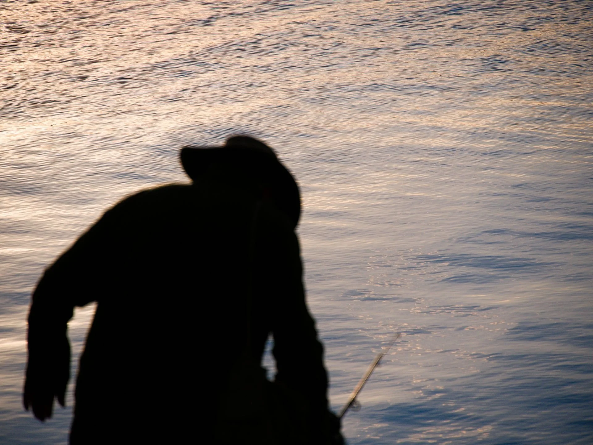 Silhouette of a person fishing by the water at sunset