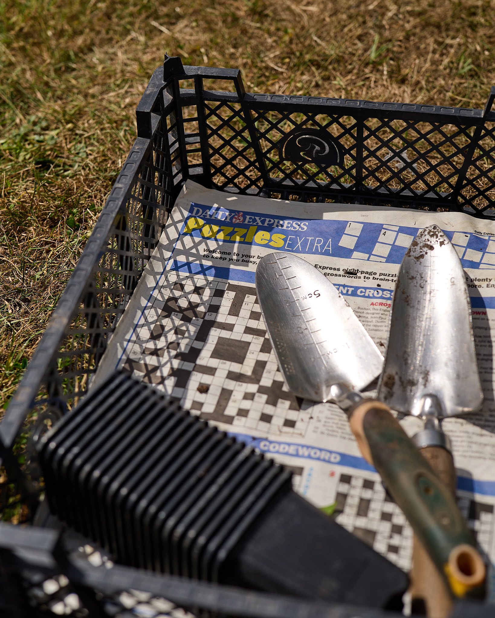 Trowels and plant pots in a basket.