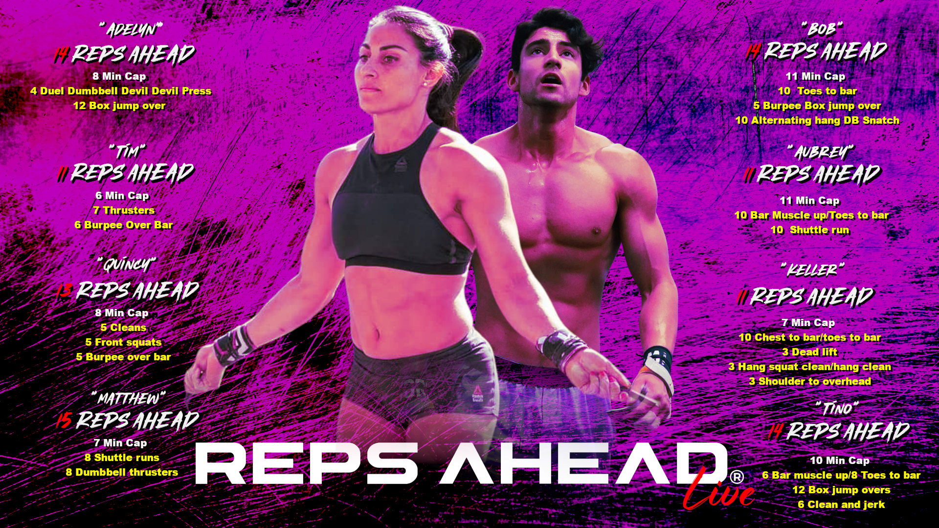 A colorful workout poster titled 'Reps Ahead'. It features a woman and a man in workout gear, set against a purple and pink textured background with black streaks. The poster lists various workout routines with exercises and repetitions for each day, including specific exercises like dumbbell presses, box jumps, burpees, and more, written in yellow and white text.