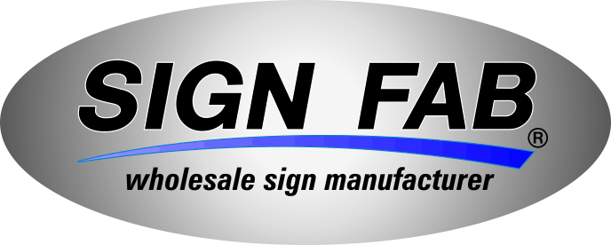 Logo for Sign Fab, a wholesale sign manufacturer, on an oval gray background with black and blue text.