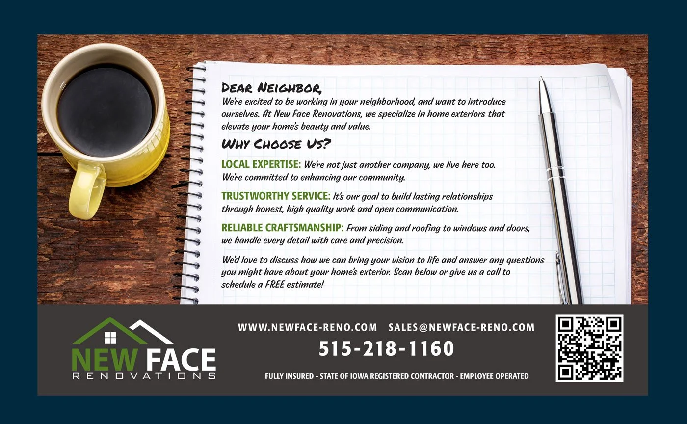 Promotional flyer for Renovations. It includes a yellow coffee cup, silver pen, and a notebook with text about their services. The flyer mentions local expertise, trustworthy service, and reliable craftsmanship. Contact details and a QR code are provided at the bottom.