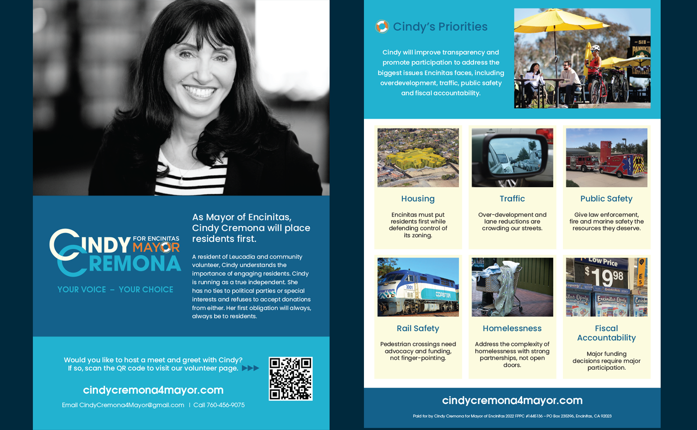 Campaign flyer for Cindy Cremona running for Mayor of Encinitas, featuring a black and white portrait of Cindy and a blue-themed design. The flyer highlights her priorities: housing, traffic, public safety, rail safety, homelessness, and fiscal accountability. Contact information and a QR code for more details are provided.