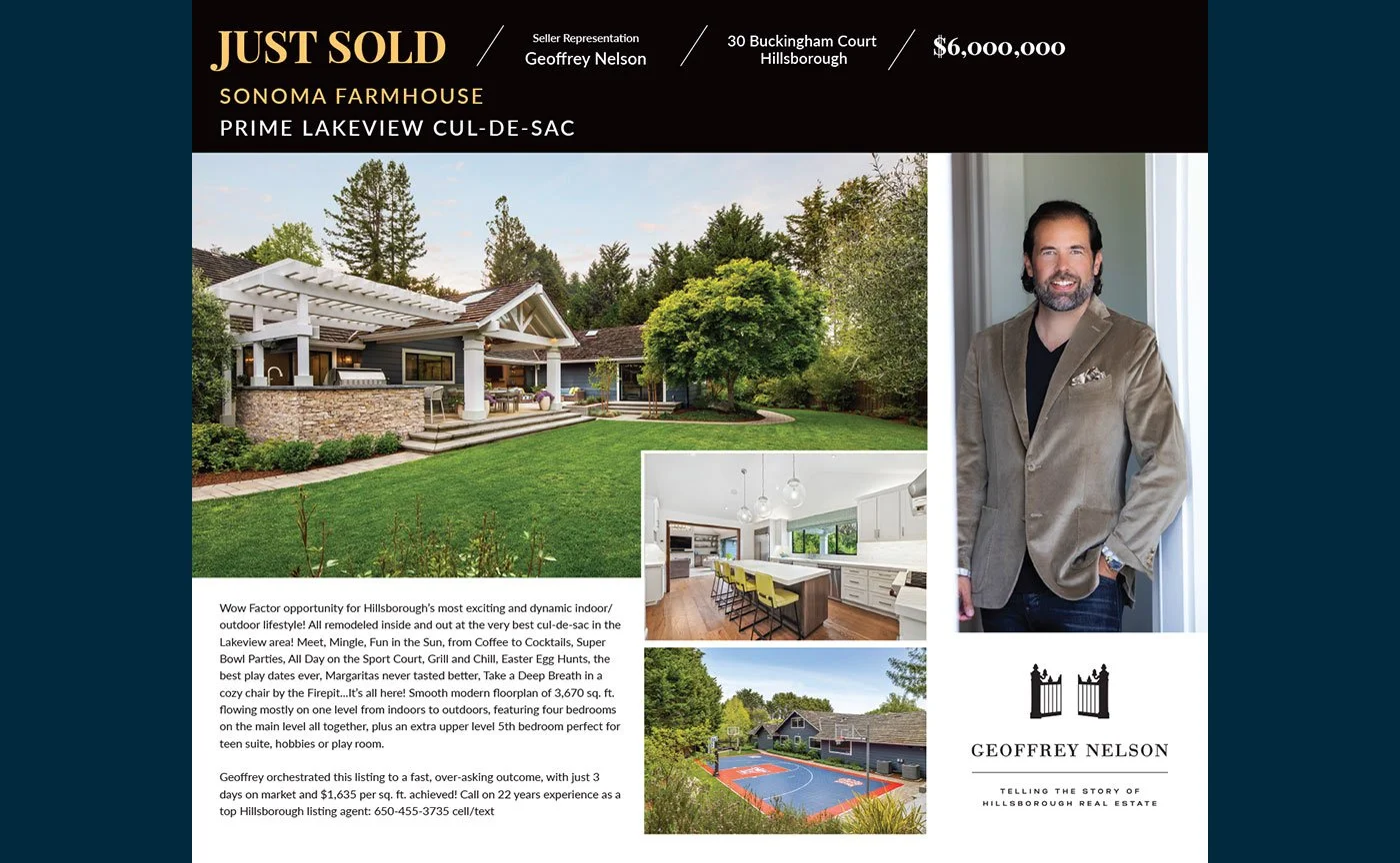 Real estate advertisement for a Sonoma farmhouse that has been sold. Features photos of the house's exterior, kitchen, and basketball court. Text details the features and sale information, including the seller's representation by Geoffrey Nelson and a price of $6,000,000. Includes an image of Geoffrey Nelson.