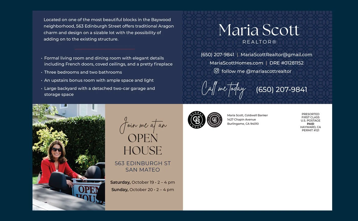 Real estate open house postcard featuring Maria Scott. Includes property details and open house dates for a home for sale. Contact information and social media handle provided. Coldwell Banker logos included.