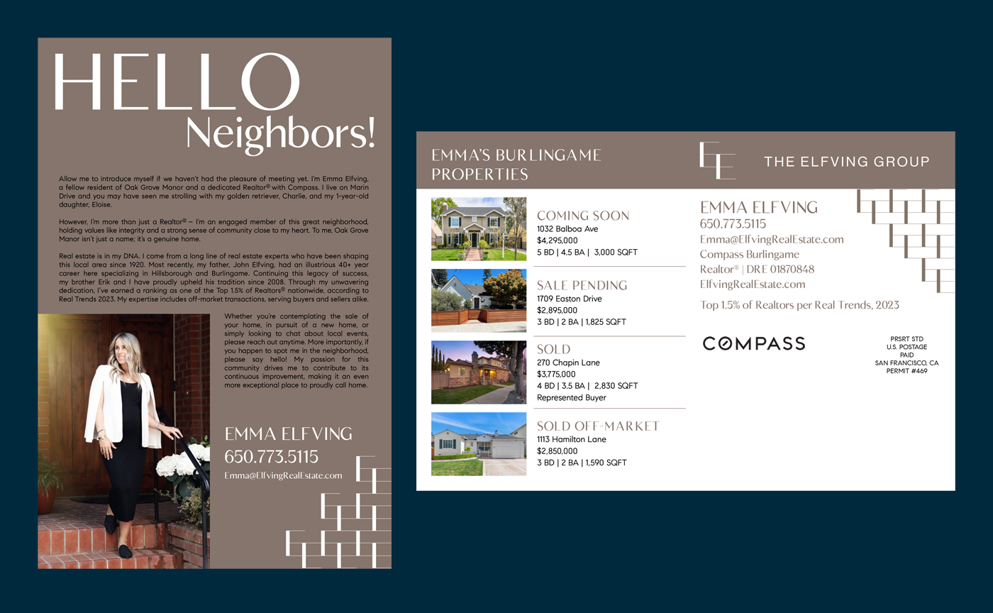 Real estate marketing flyer for Emma Elfving with property listings and contact information. Features a welcome message, a professional photo, and details about upcoming and sold properties in Burlingame, CA. Includes company and personal branding elements.