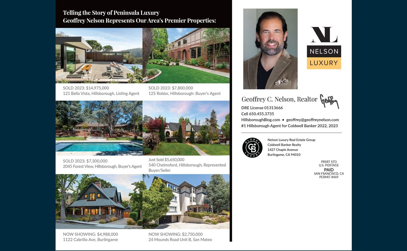 Real estate ad showcasing luxury properties sold and listed by Geoffrey Nelson, including images of large houses, poolside estate, and a modern home. Includes contact information and realtor photo.
