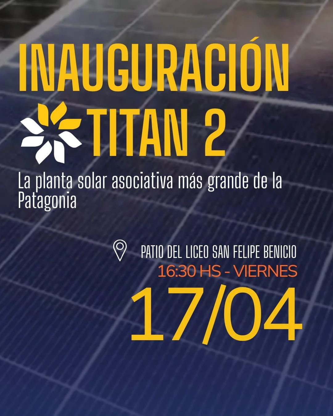 TITAN 2 consolida la planta solar asociativa m&aacute;s grande de la Patagonia ☀️

Este martes se realizar&aacute; la conexi&oacute;n oficial a la red de energ&iacute;a ⚡ y este viernes celebraremos su inauguraci&oacute;n.

Un hito regional que refle