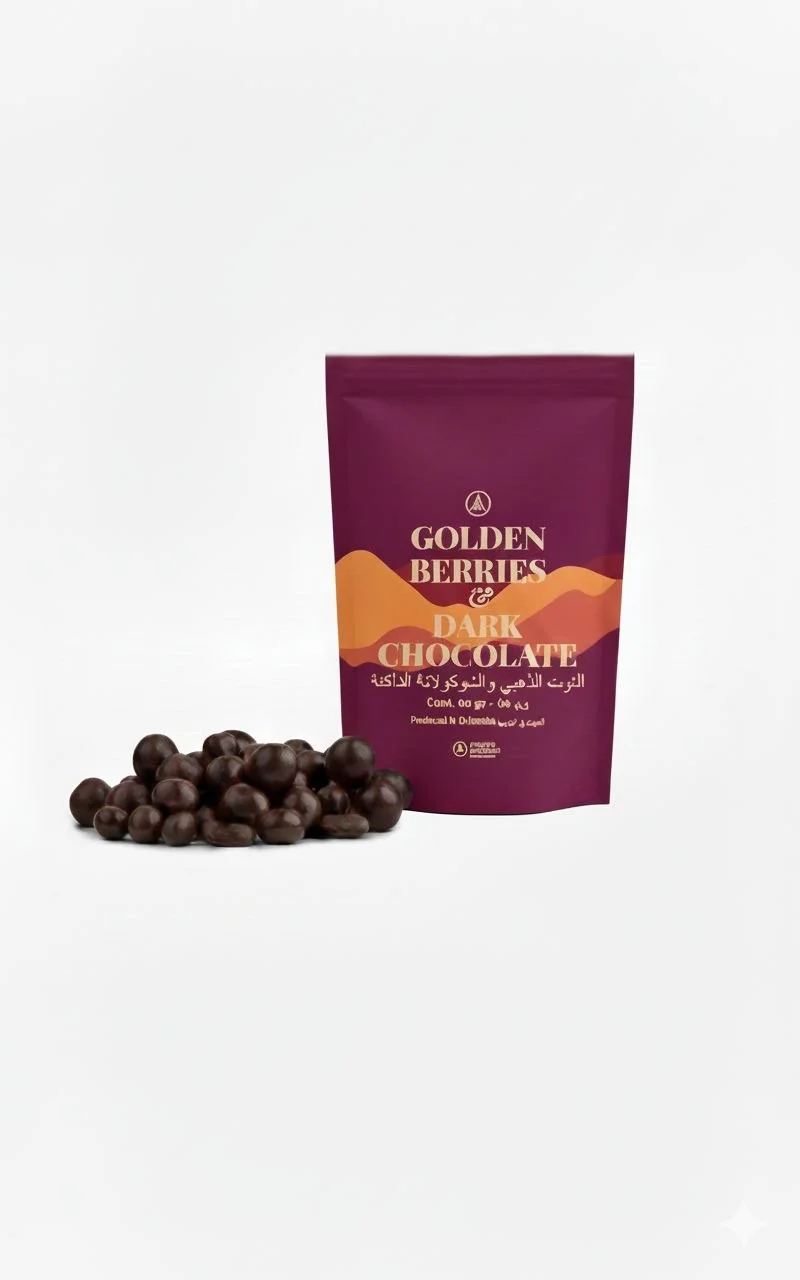 Package of Golden Berries dark chocolate with a pile of dark chocolate-covered berries beside it on a white background.