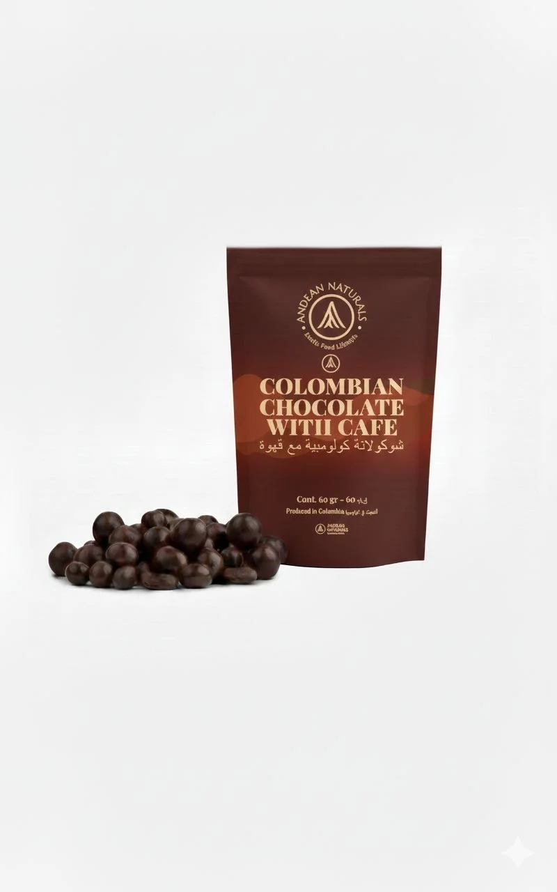 A package of Colombian chocolate witii cafe with a cluster of cacao beans beside it.