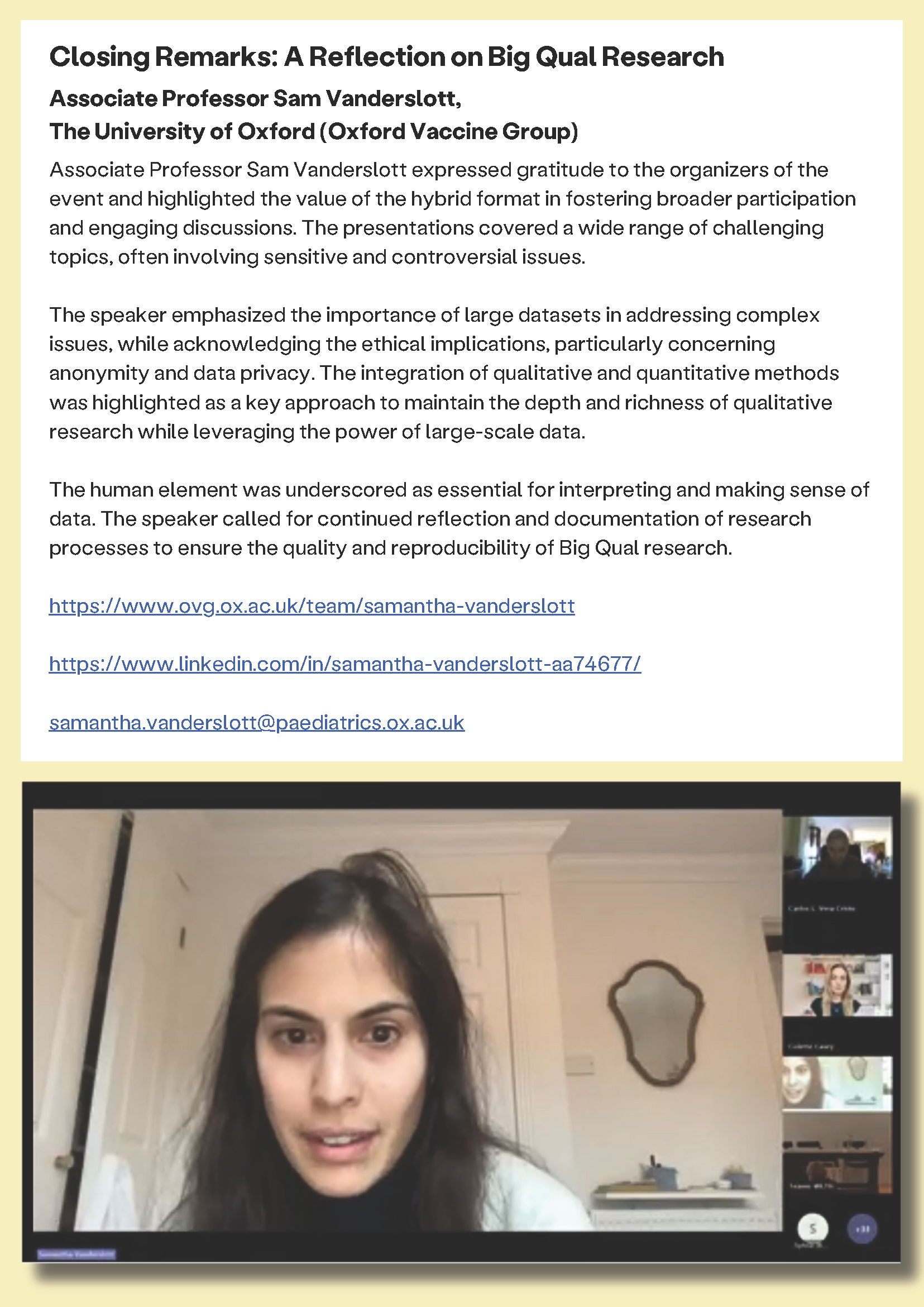 Closing Remarks: A Reflection on Big Qual Research Associate Professor Sam Vanderslott, University of Oxford (Oxford Vaccine Group)