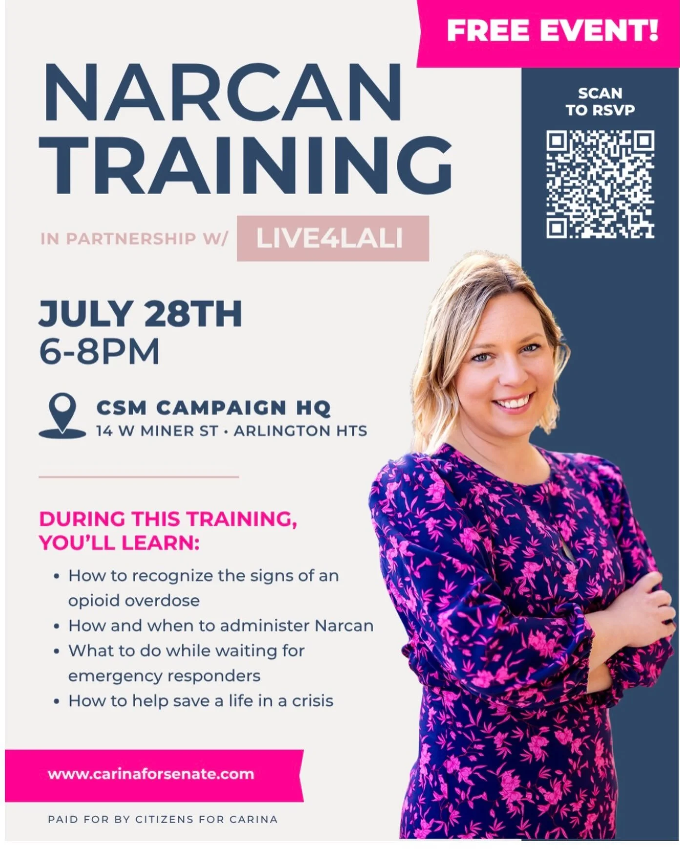 One skill could save a life.

Join us and Live4Lali for a free Narcan training to learn how to recognize an opioid overdose, administer Narcan, and respond with confidence.

🗓️ July 28 | 6&ndash;8 PM
📍 14 W. Miner St., Arlington Heights

Scan the Q