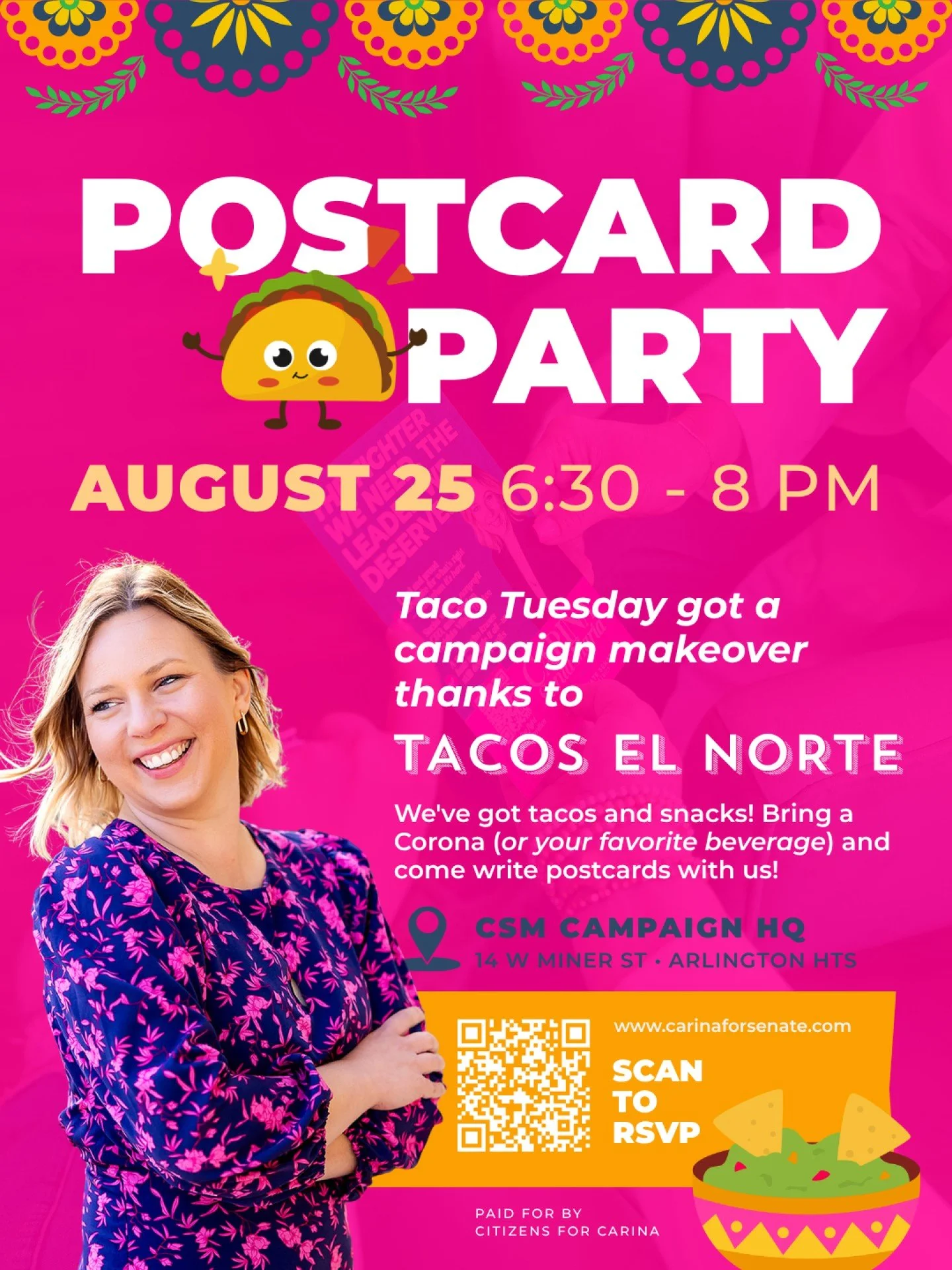 Some of the most powerful things in a campaign are also the simplest: a taco, a table full of neighbors, and a handwritten note in someone's mailbox. 🌮💌

Join us for a Taco Tuesday Postcard Party. Every card you write is one more neighbor who hears