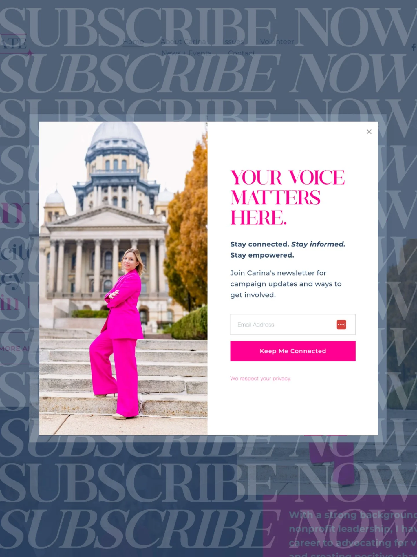 A campaign looks like a lot of things from the outside. A sign. A post. A person in a pink suit on some steps.

From the inside it's smaller and better than that. It's the conversation on a porch that changes how I think about something. The voluntee